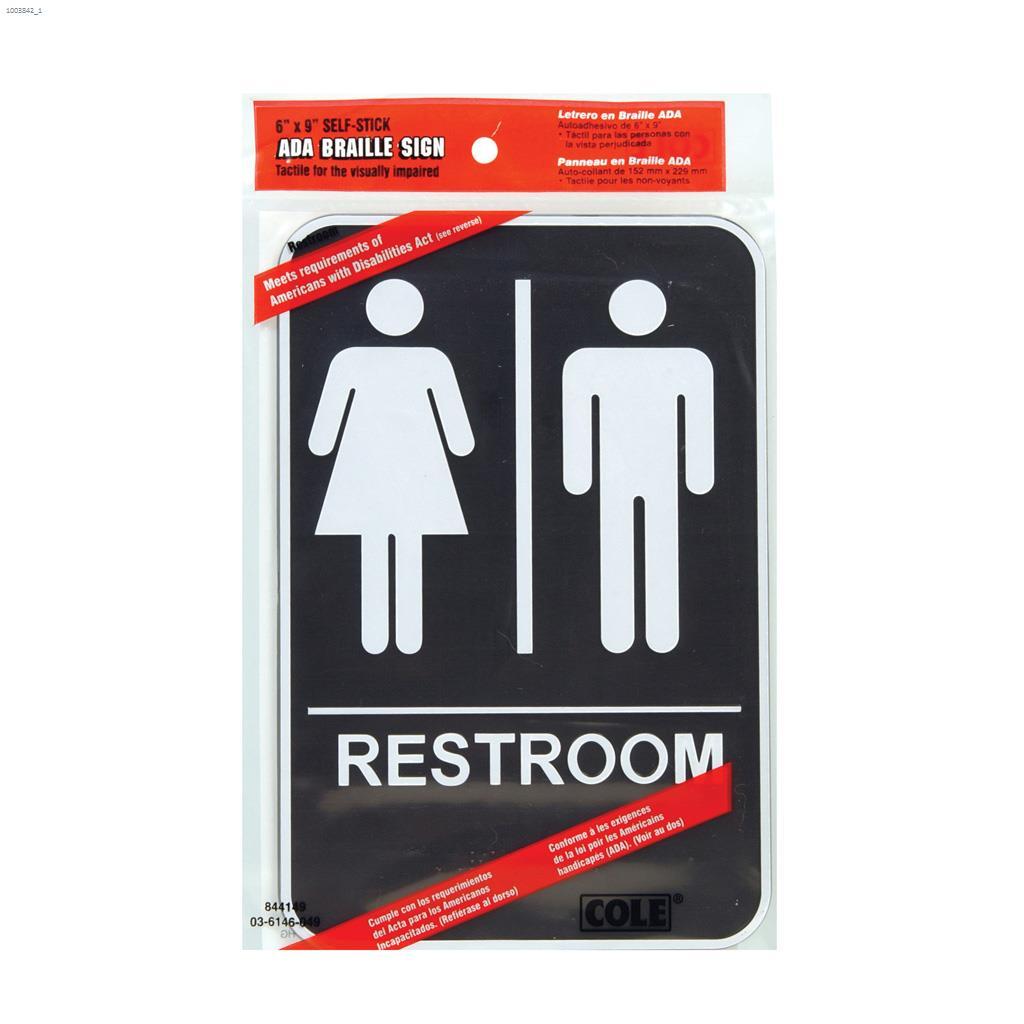 6" x 9" White On Black ADA Braille Signs - Restroom