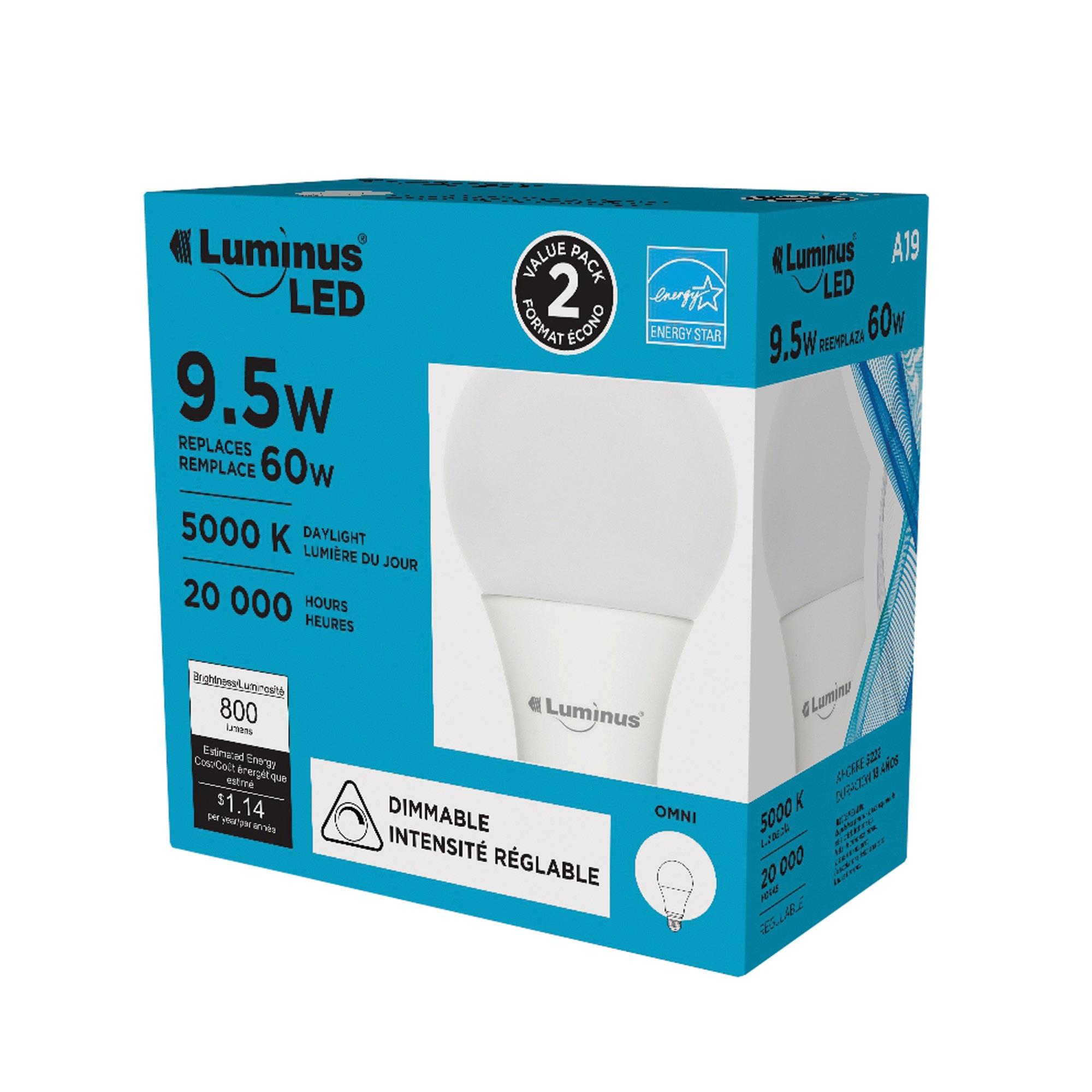Paquet de 2 ampoules DEL9.5 Watt E26 Medium A19