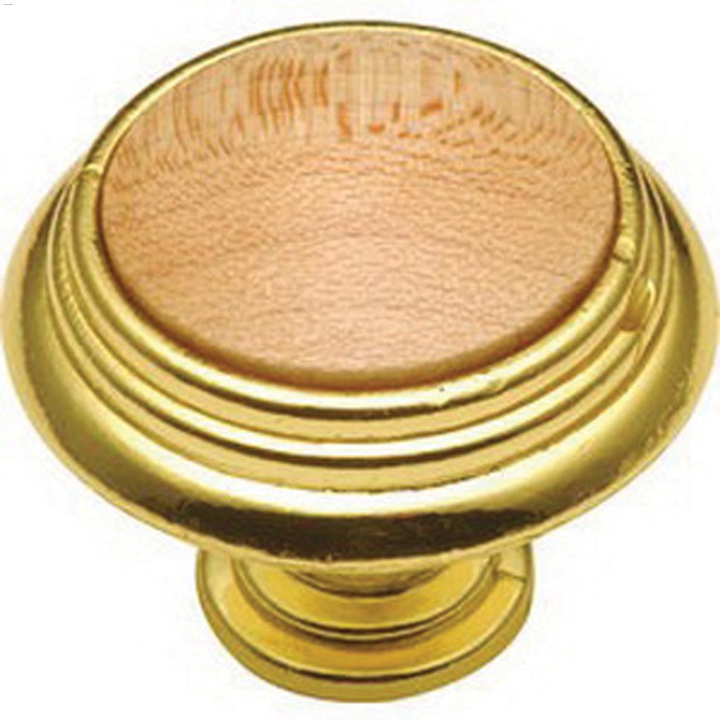 1-1/4" Bouton de porte Woodgrain Érable Naturel, laiton poli