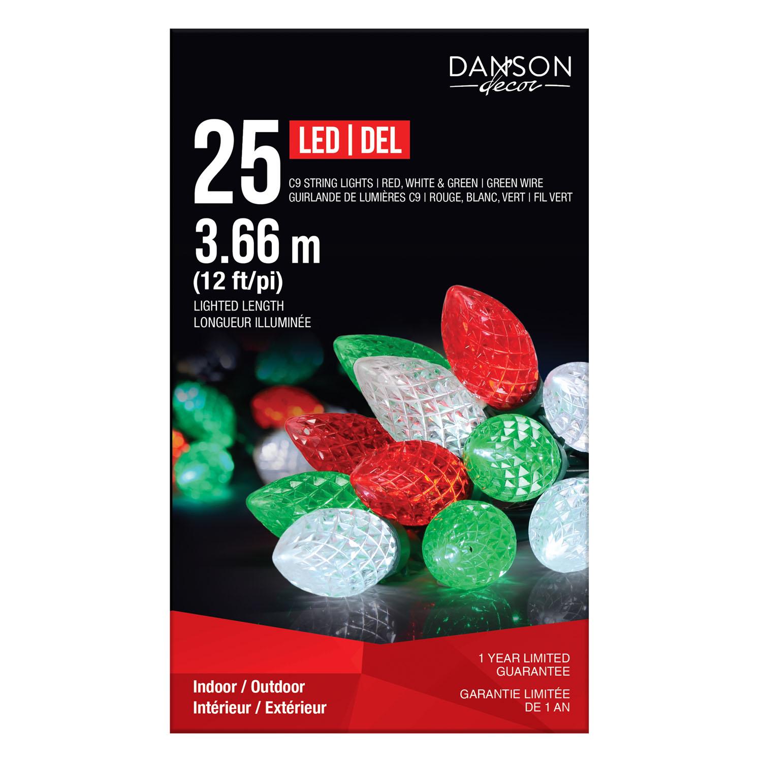 C9 LED Light Set with 25 Red White & Green Lights