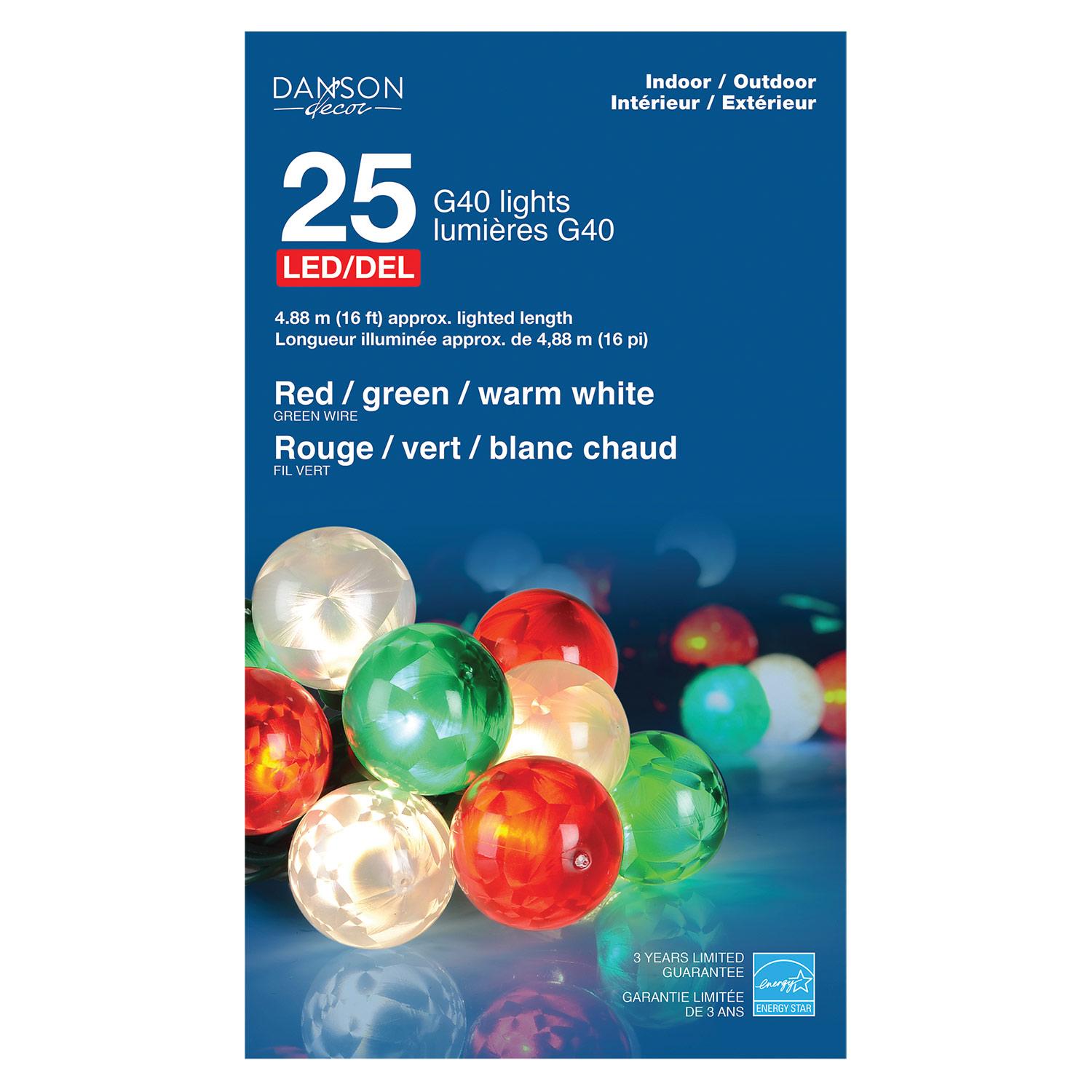 G40 LED Light Set with 25 Iced Red, White & Green Lights