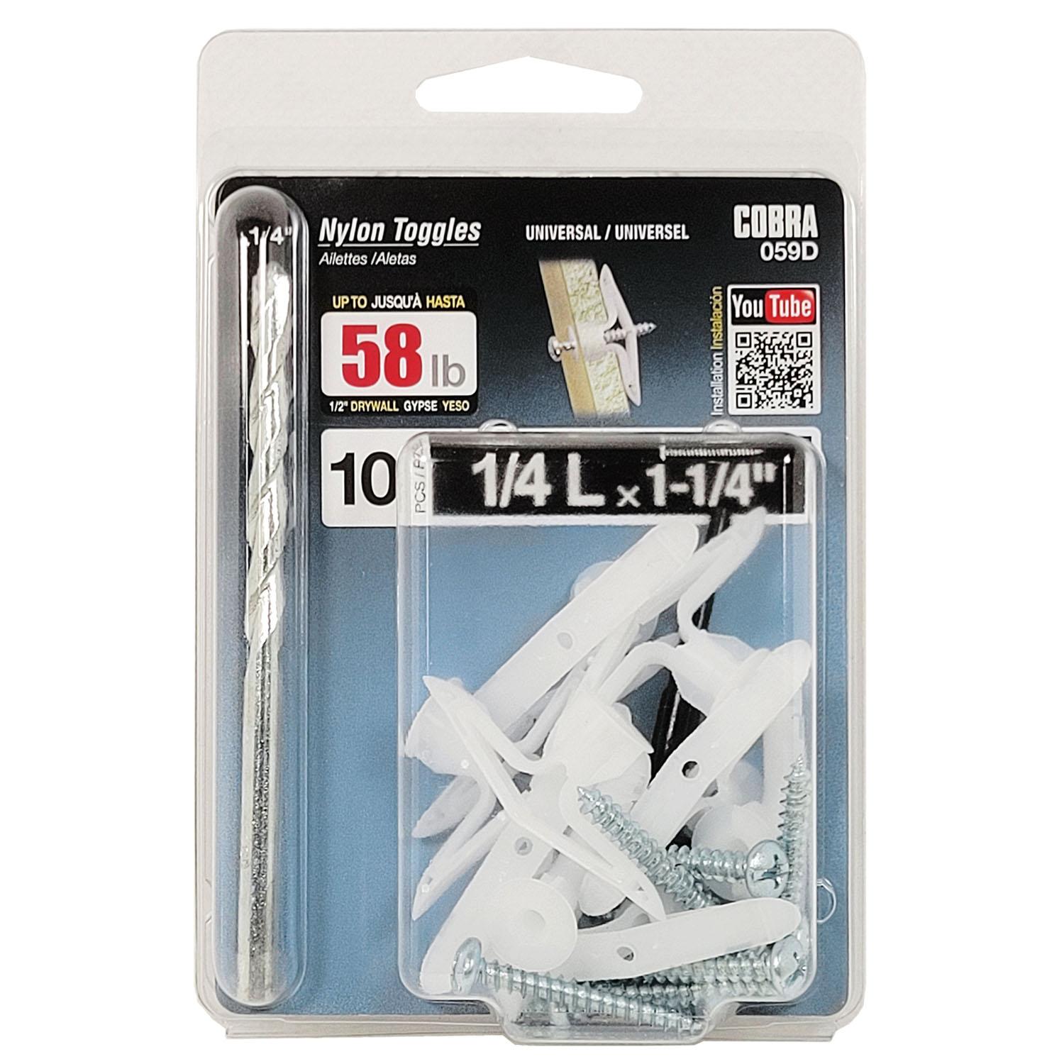 Nylon Toggle Light Duty 1/4" L + Screws + Drill Bit
