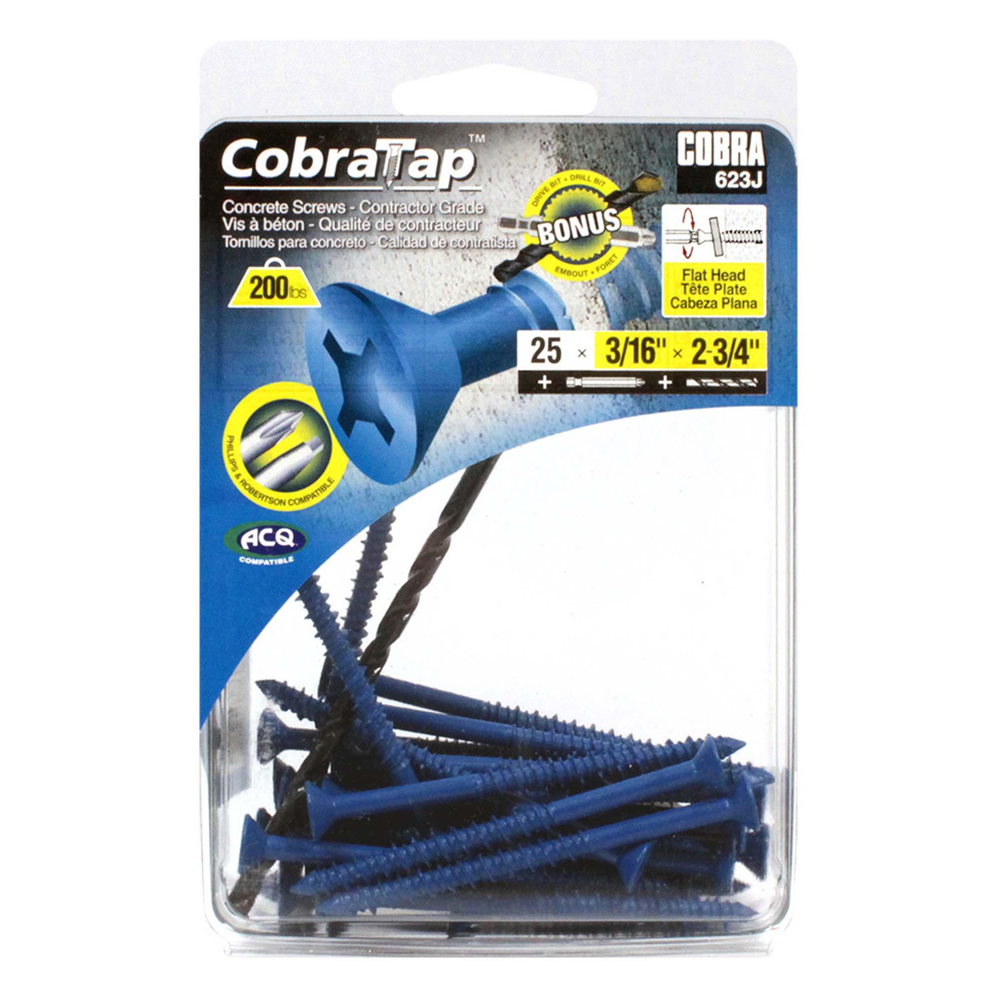 Concrete Screw Flat Head 3/16" x 2 -3/4" + Drill Bit/Driver