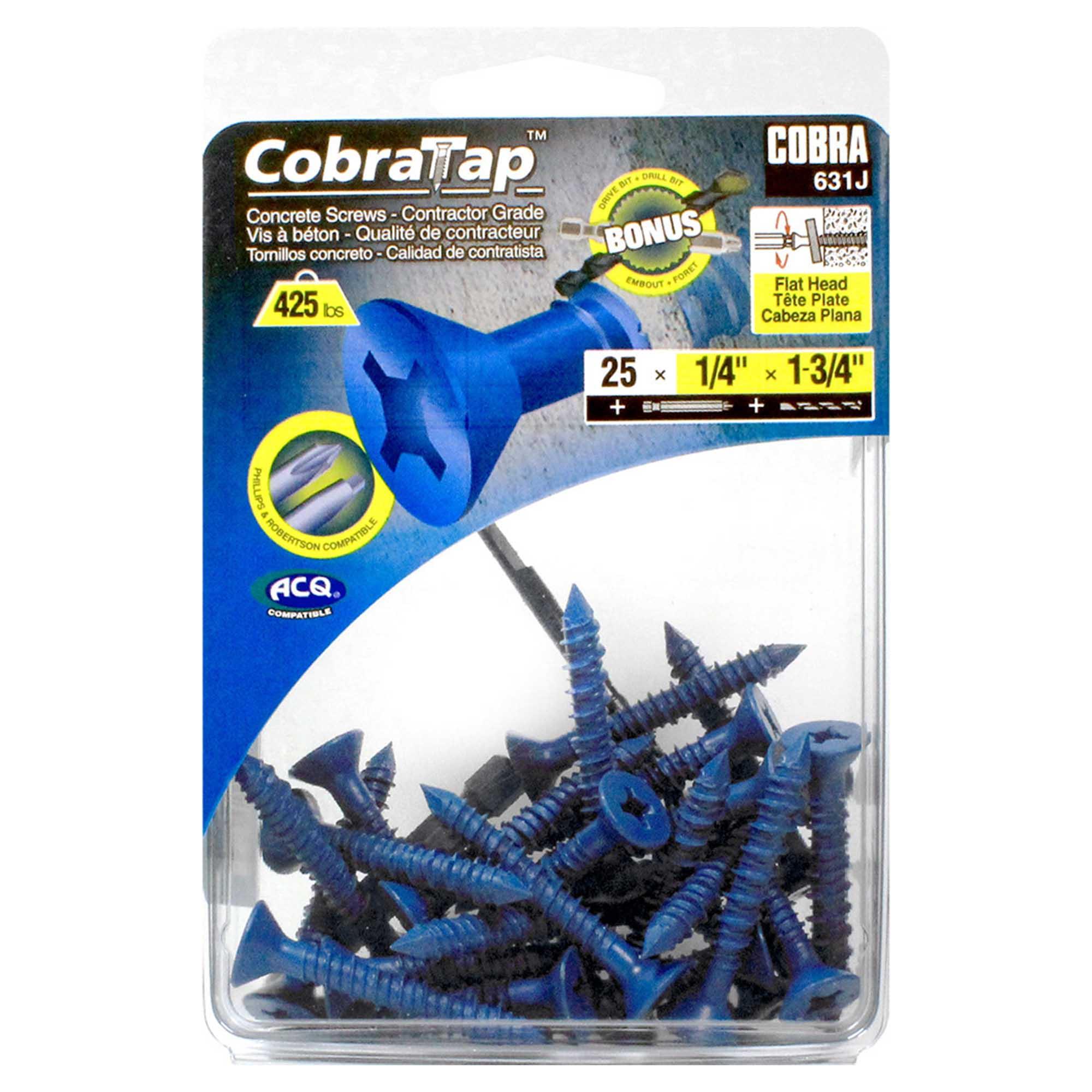 Concrete Screw Flat Head 1/4" x 1-3/4" + Drill Bit/ Driver