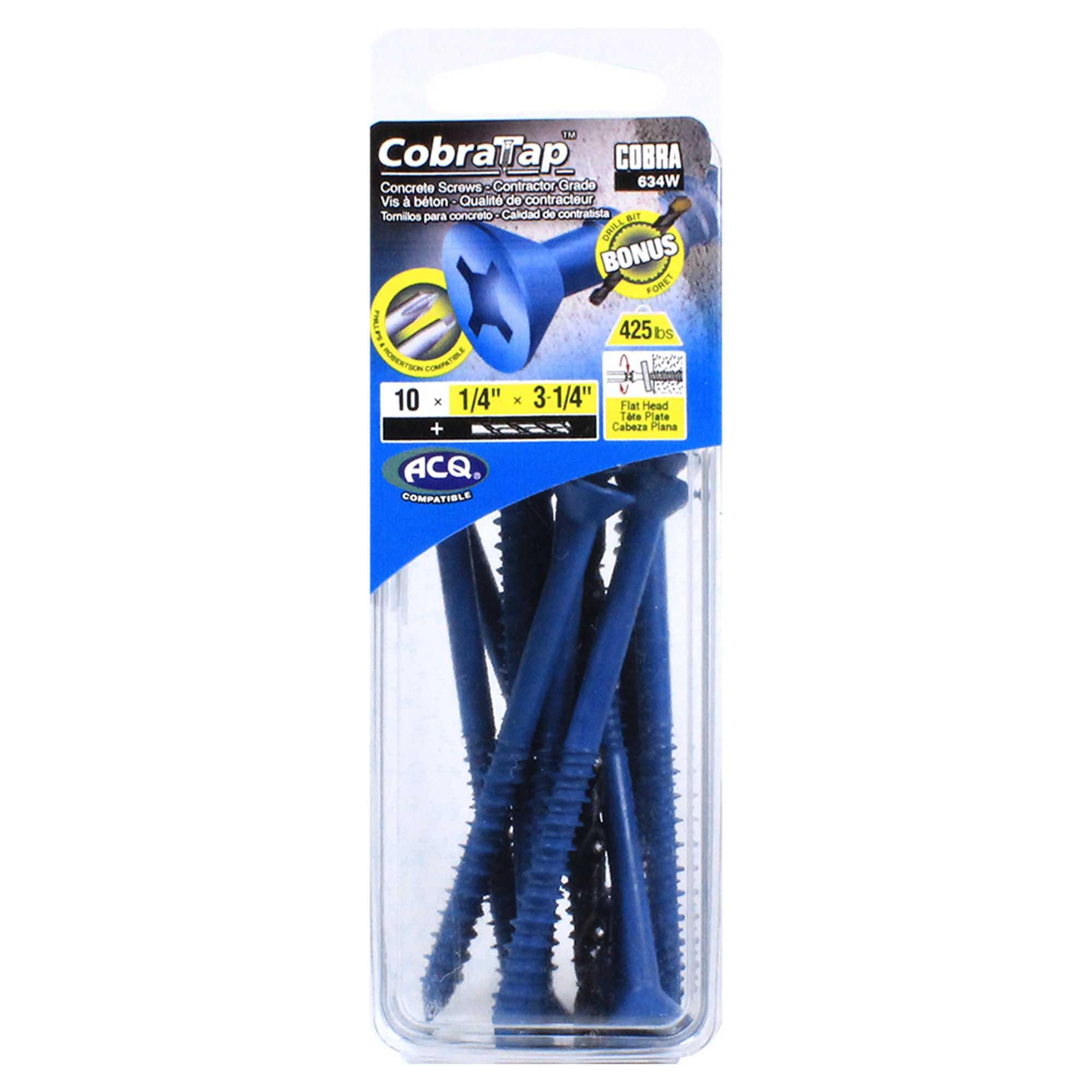 Concrete Screw Flat Head 1/4" x 3-1/4'' + Drill Bit