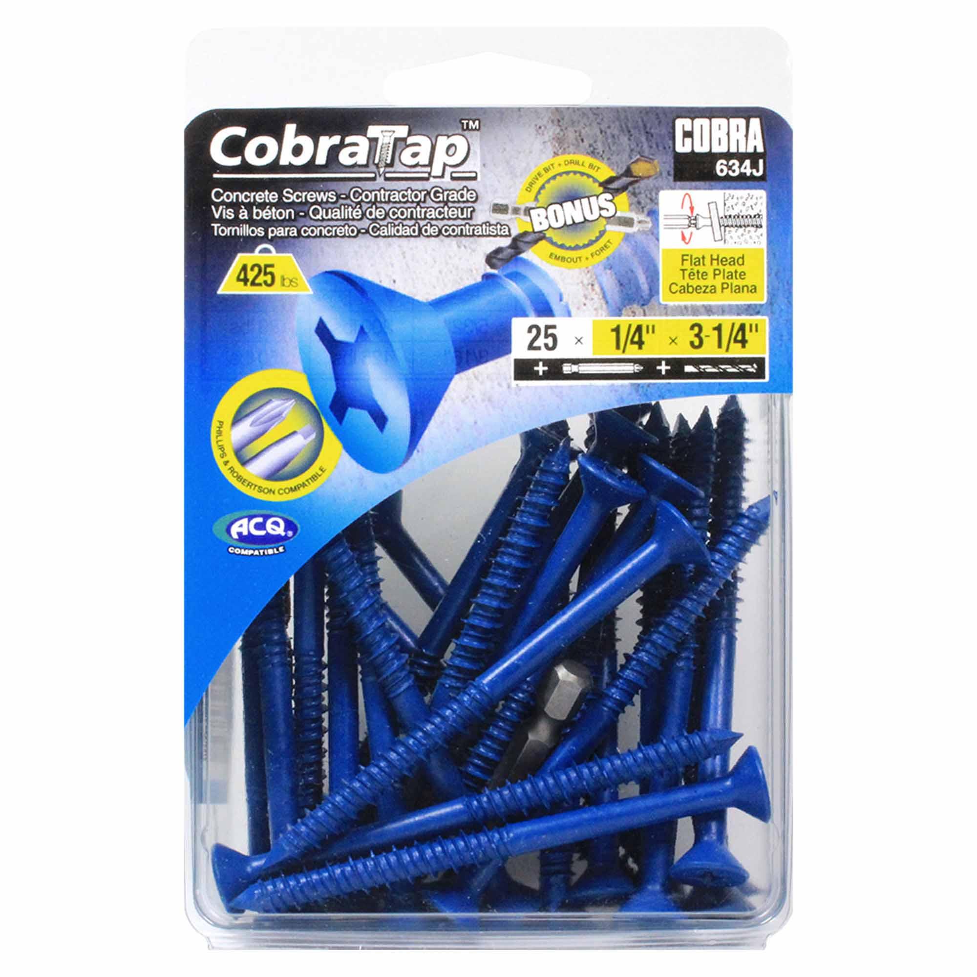 Concrete Screw Flat Head 1/4" x 3-1/4'' + Drill Bit/Drive