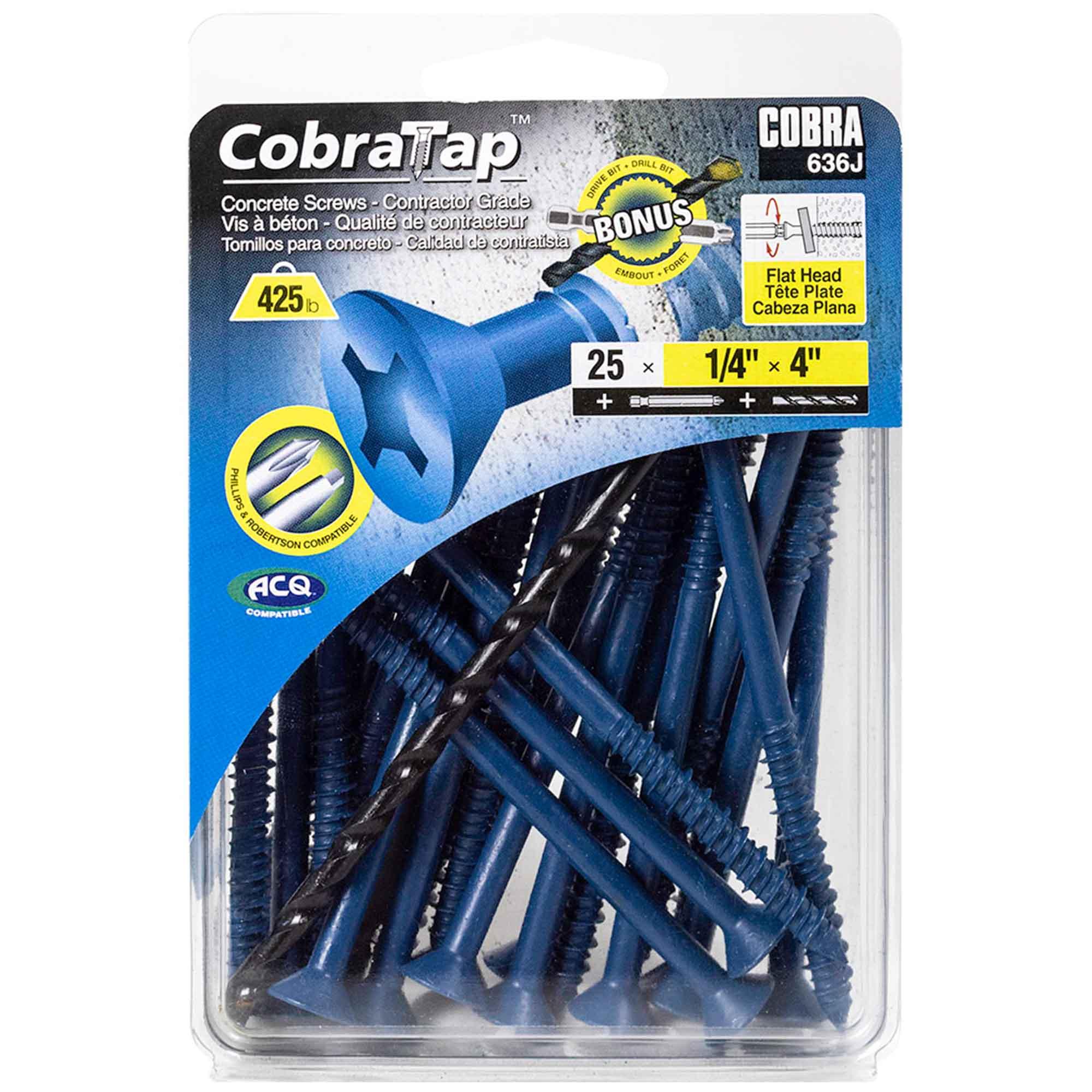 Concrete Screw Flat Head 1/4" x 4" + Drill Bit/Driver