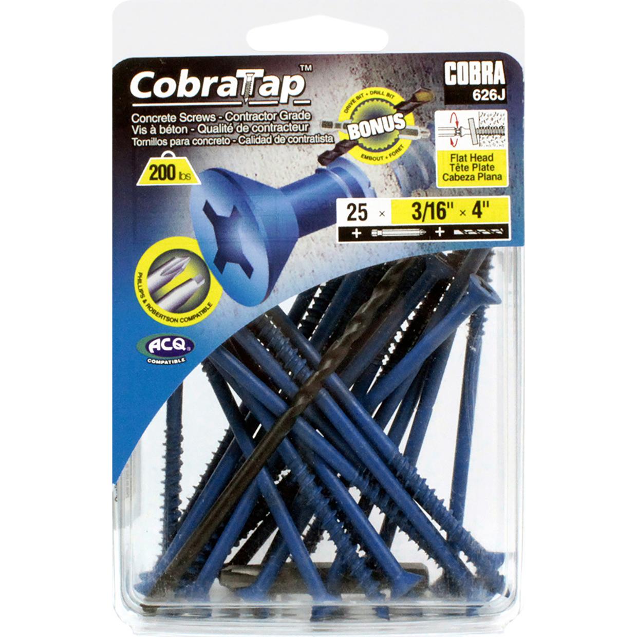 Concrete Screw Flat Head 3/16" x 4" + Drill Bit/Driver