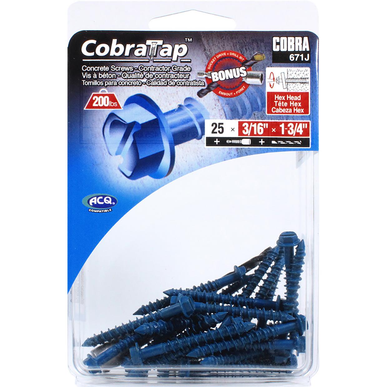 Concrete Screw Hex Head 3/16'' x 1-3/4'' + Drill Bit/Driver