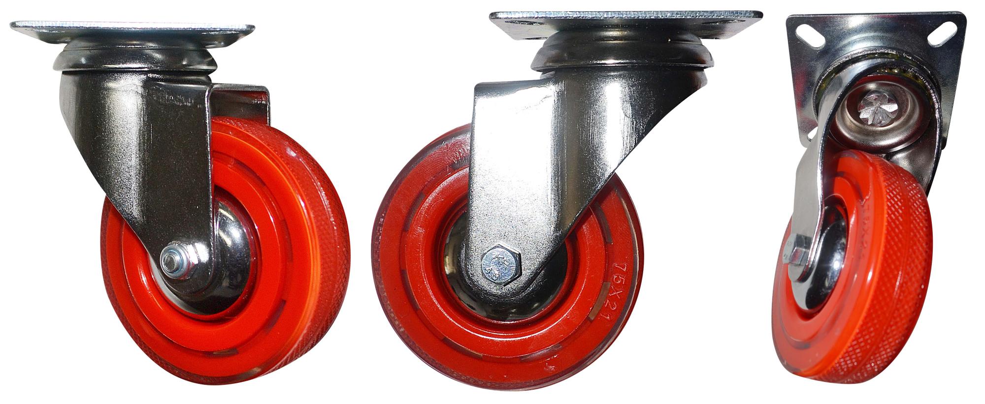 Roulette pivotante 3 po, rouge au fini chromé