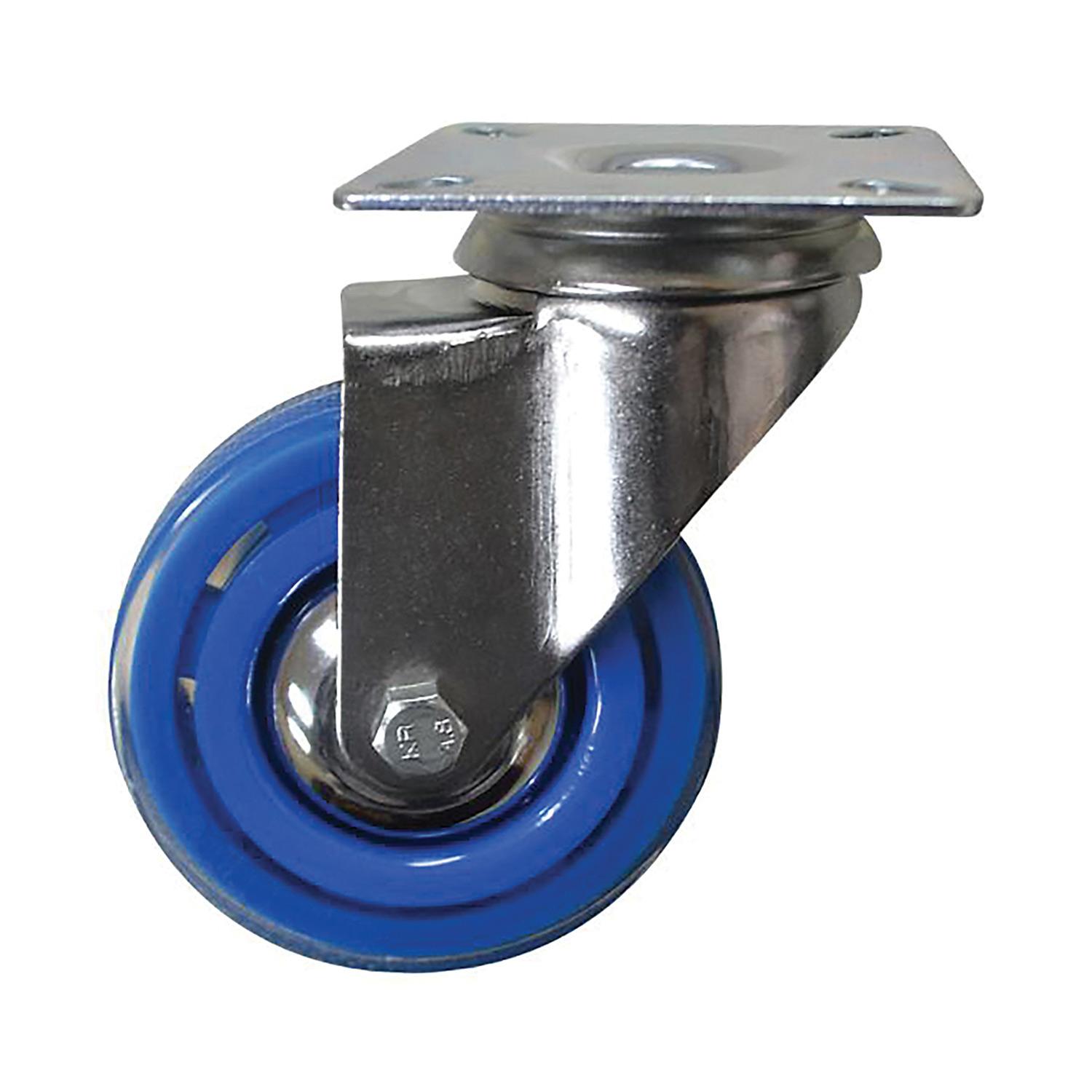 Roulette pivotante 3 po, bleu au fini chromé