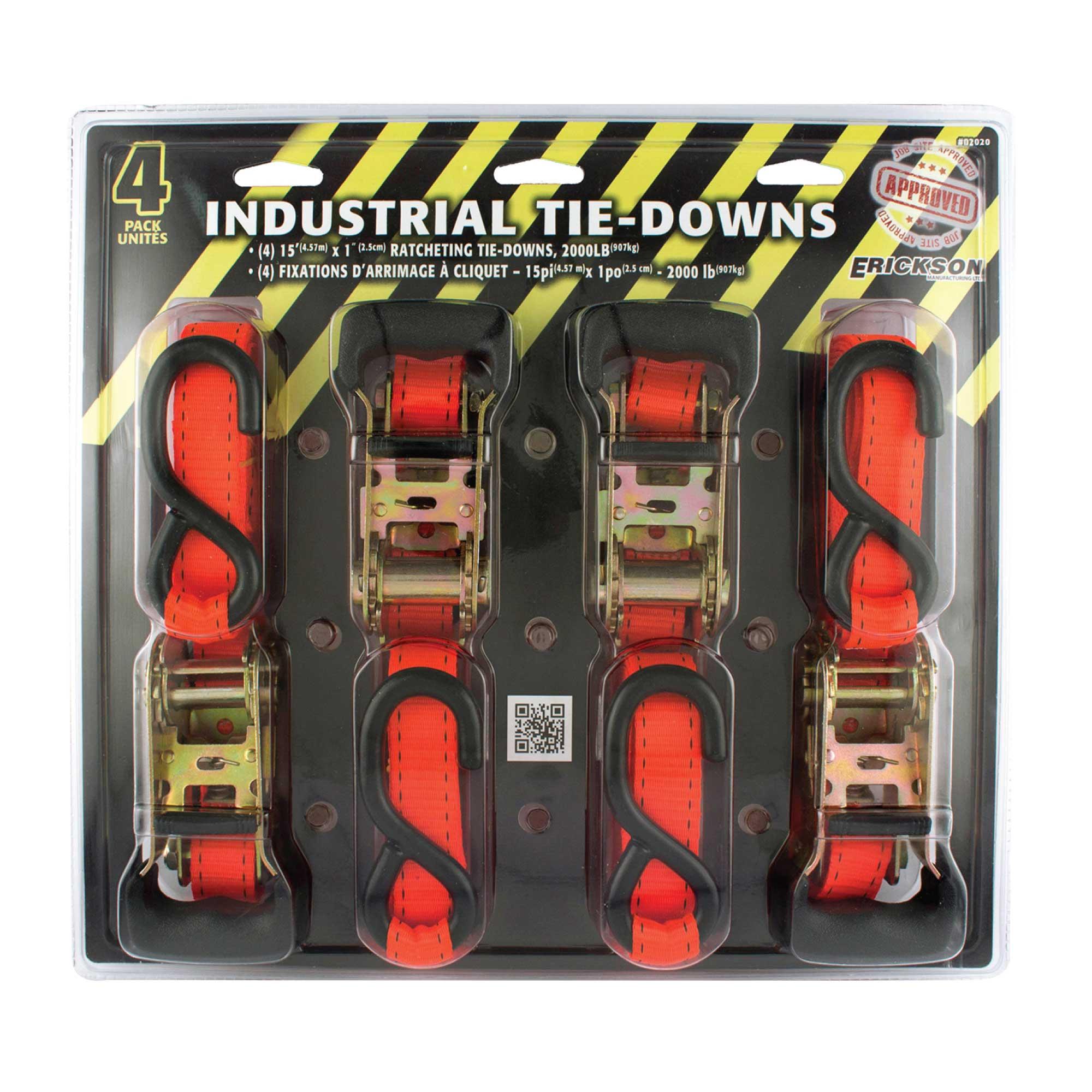 1" x 15' Wide Rubber Handle Tie Down With S Hooks-4/Pack