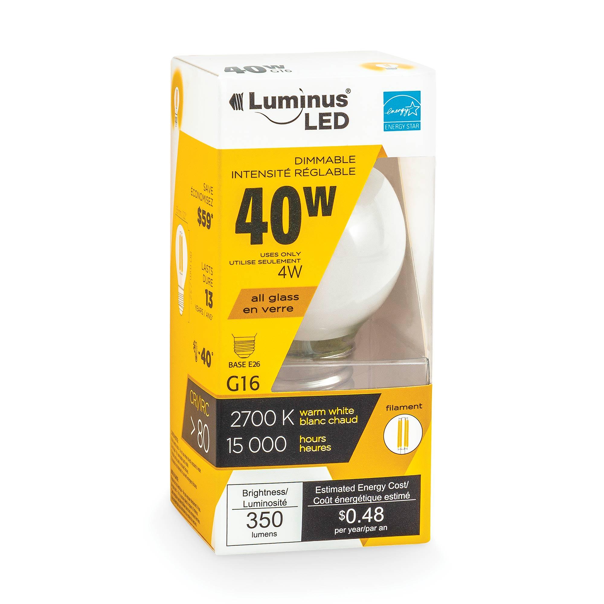 G16 4W Medium Base 2700K Dimmable Frosted Filament LED Bulb
