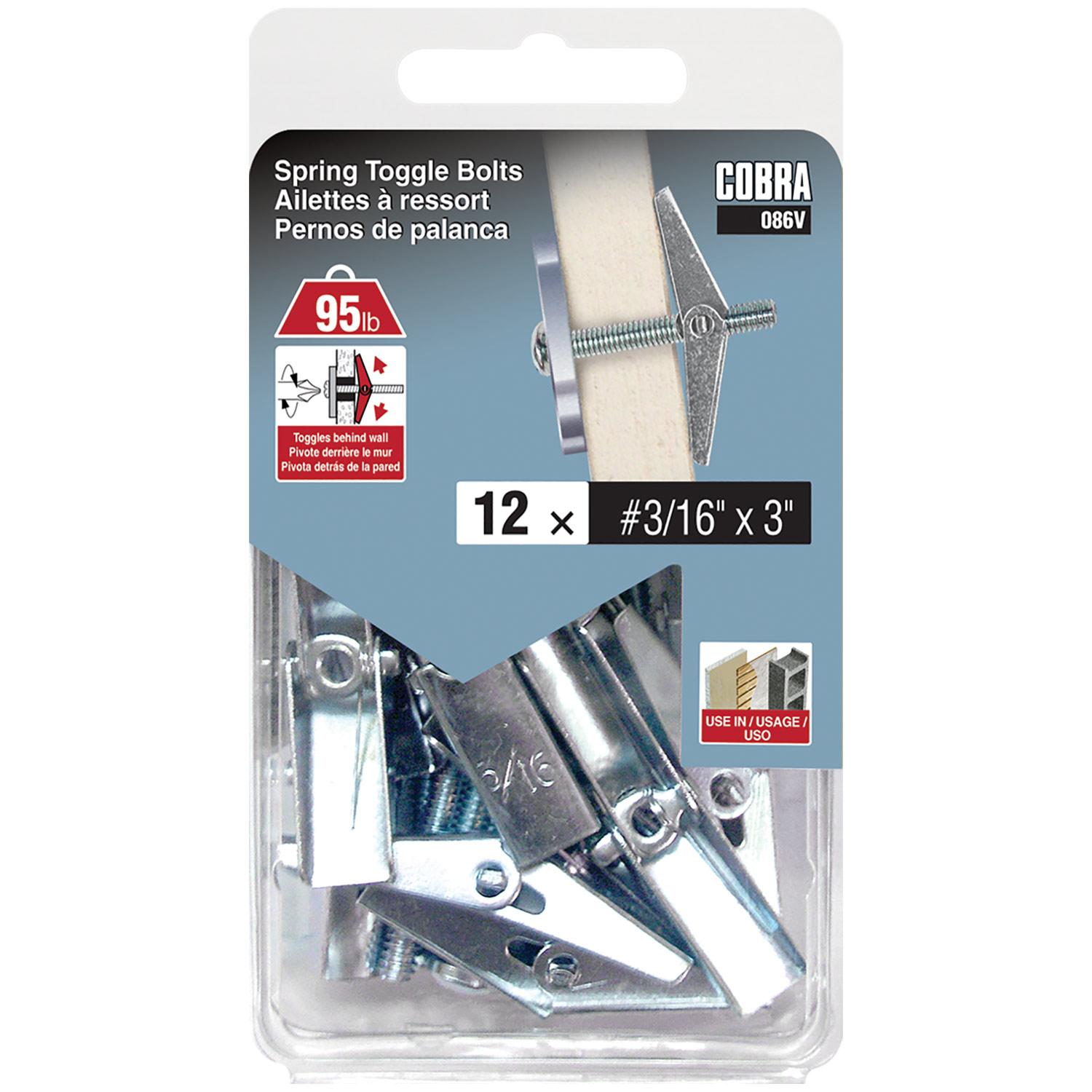 Spring Toggle Bolts 3/16" x 3"-12/Pack