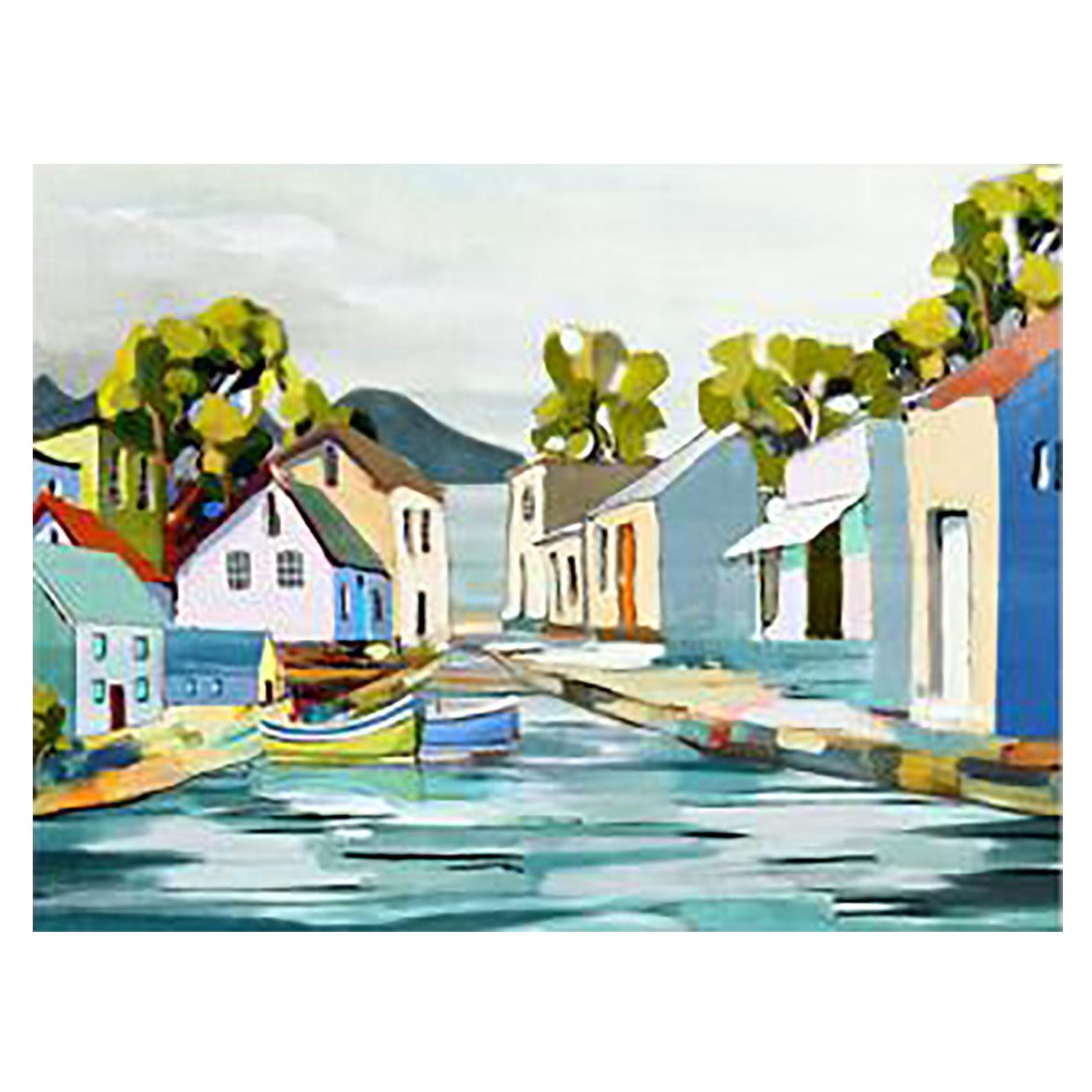 36" x 24" River And Houses Canvas Art