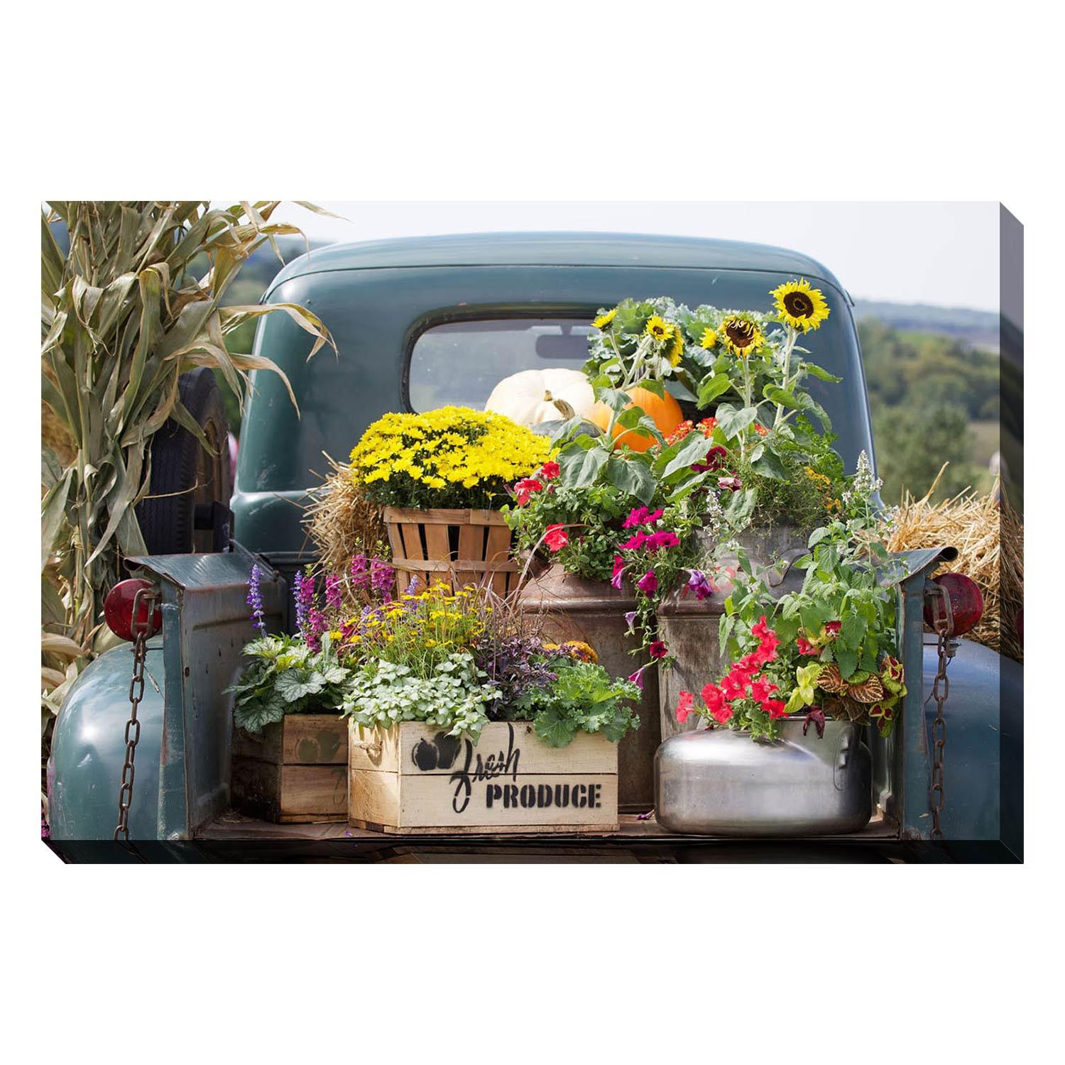 Toile Camion rétro avec fleurs 22 x 28 po