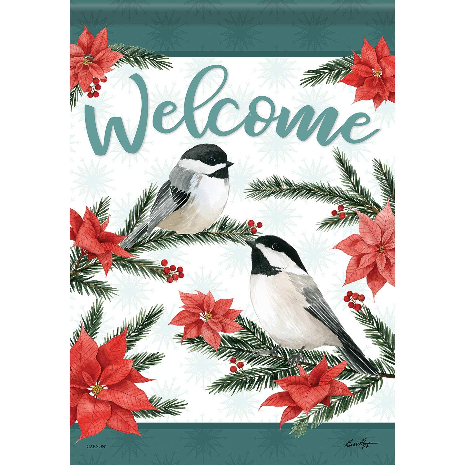 Winter Garden Flag Poinsettia Chickadees Welcome