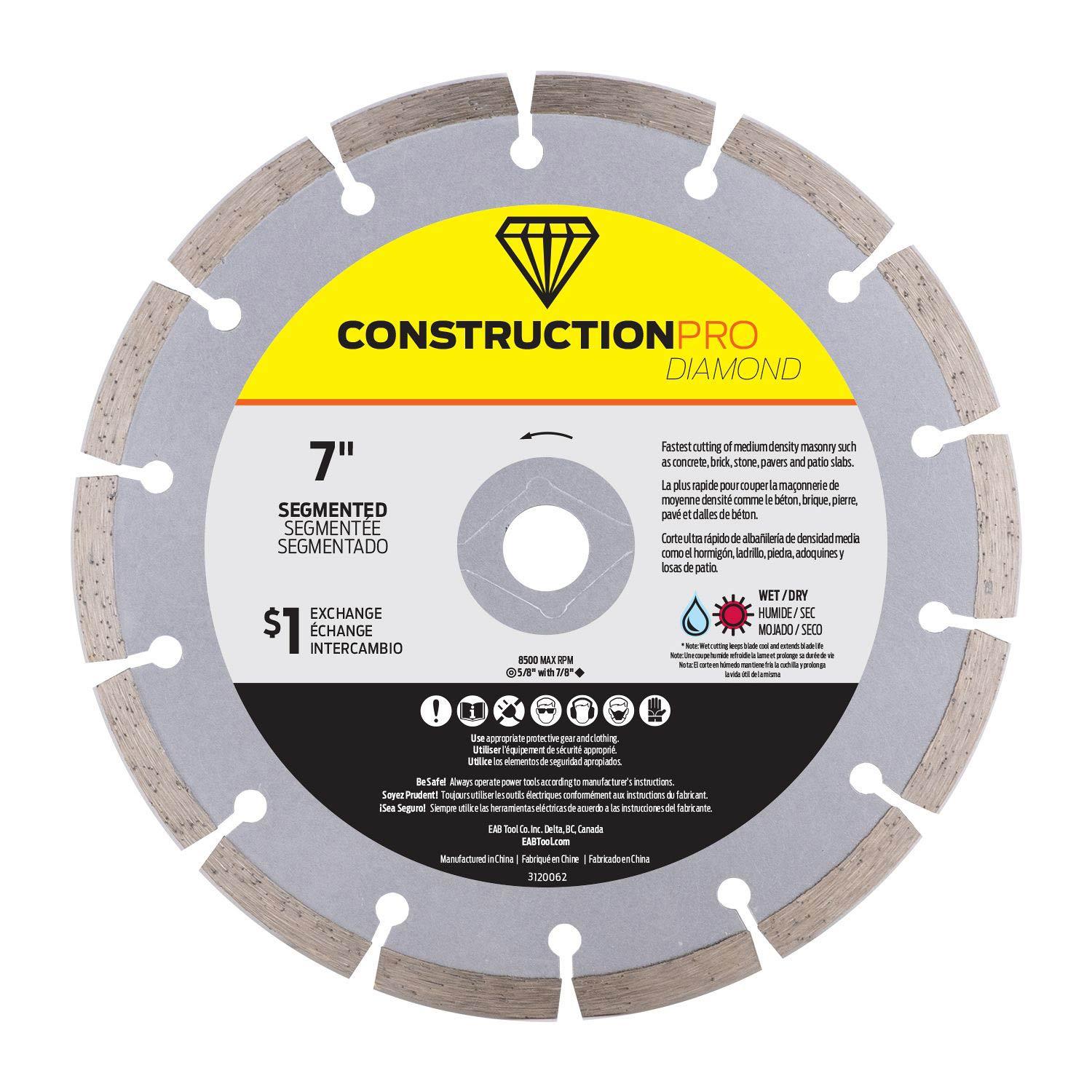 Lame diamant segmentée construction pro 7 po échangeable