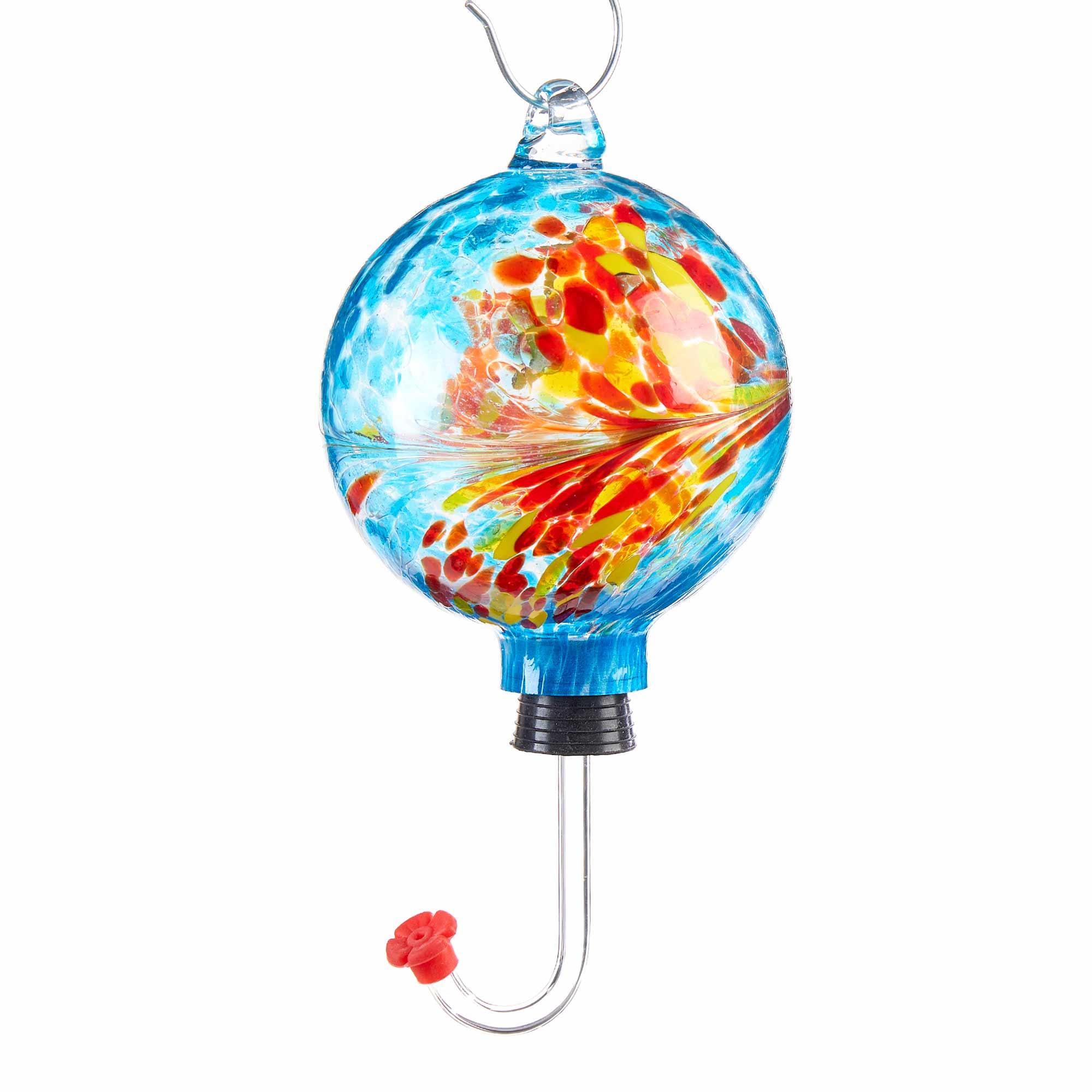 Glass Hummingbird Feeder with Blue, Yellow and Red Design
