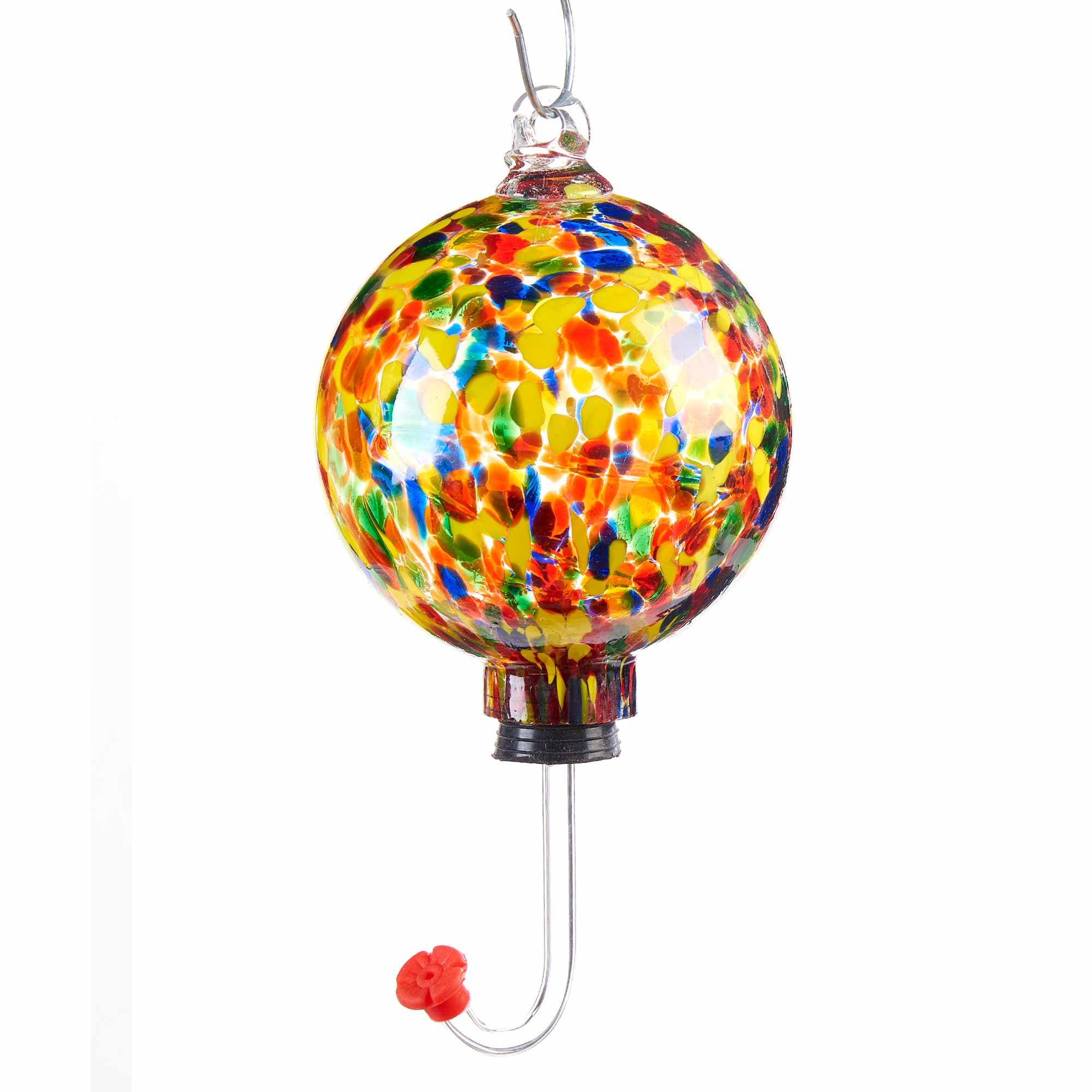 Art Glass Hummingbird Feeder Yellow, Red and Blue Design