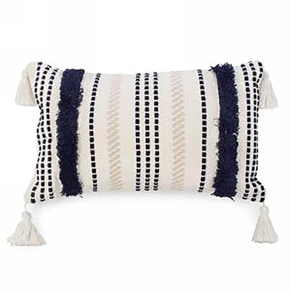 Beige And Navy Striped Tutfed Cushion