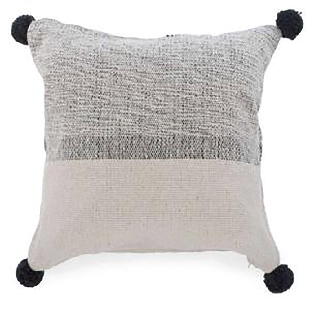 Beige And Black Band Cushion With Pompoms