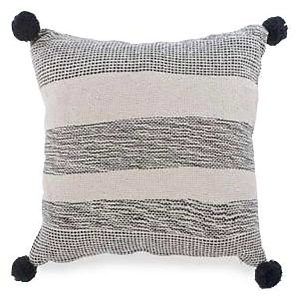 Beige And Black Stripe Cushion With Pompoms