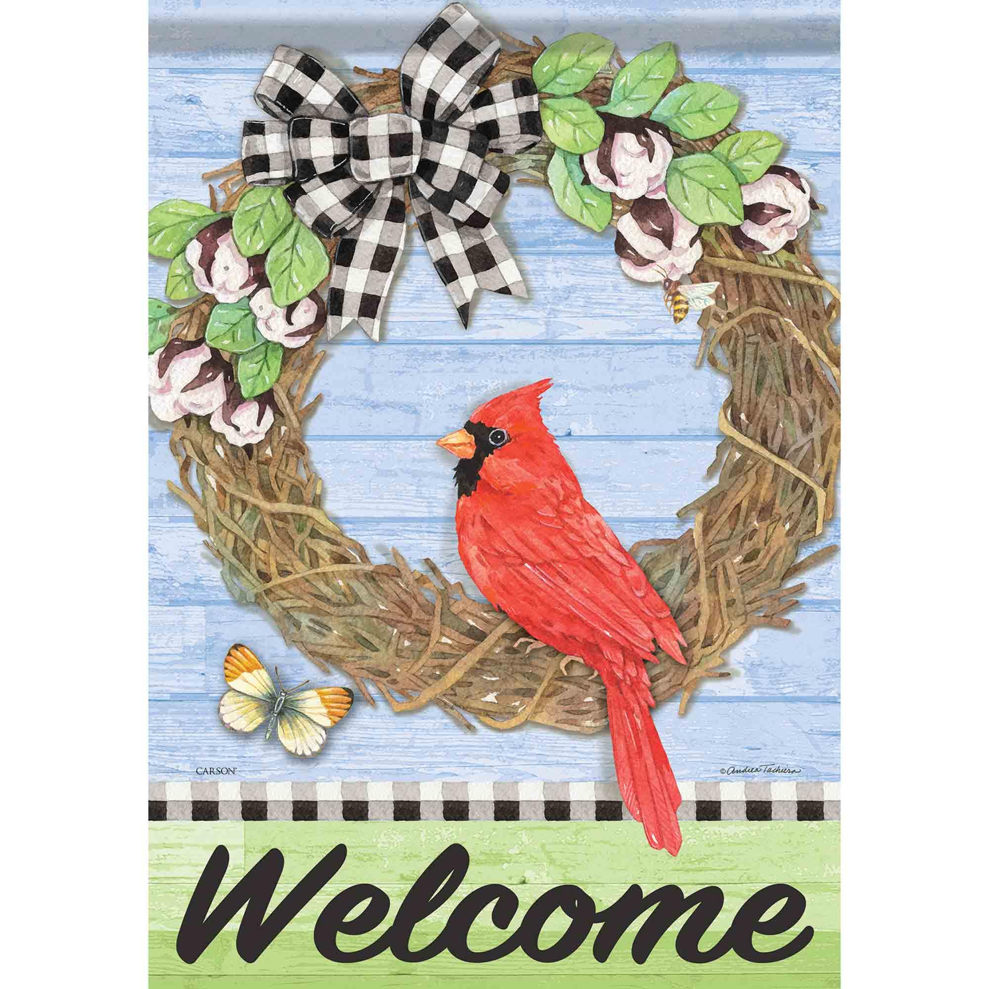 Spring Garden Flag Cardinal On Vine Wreath 
