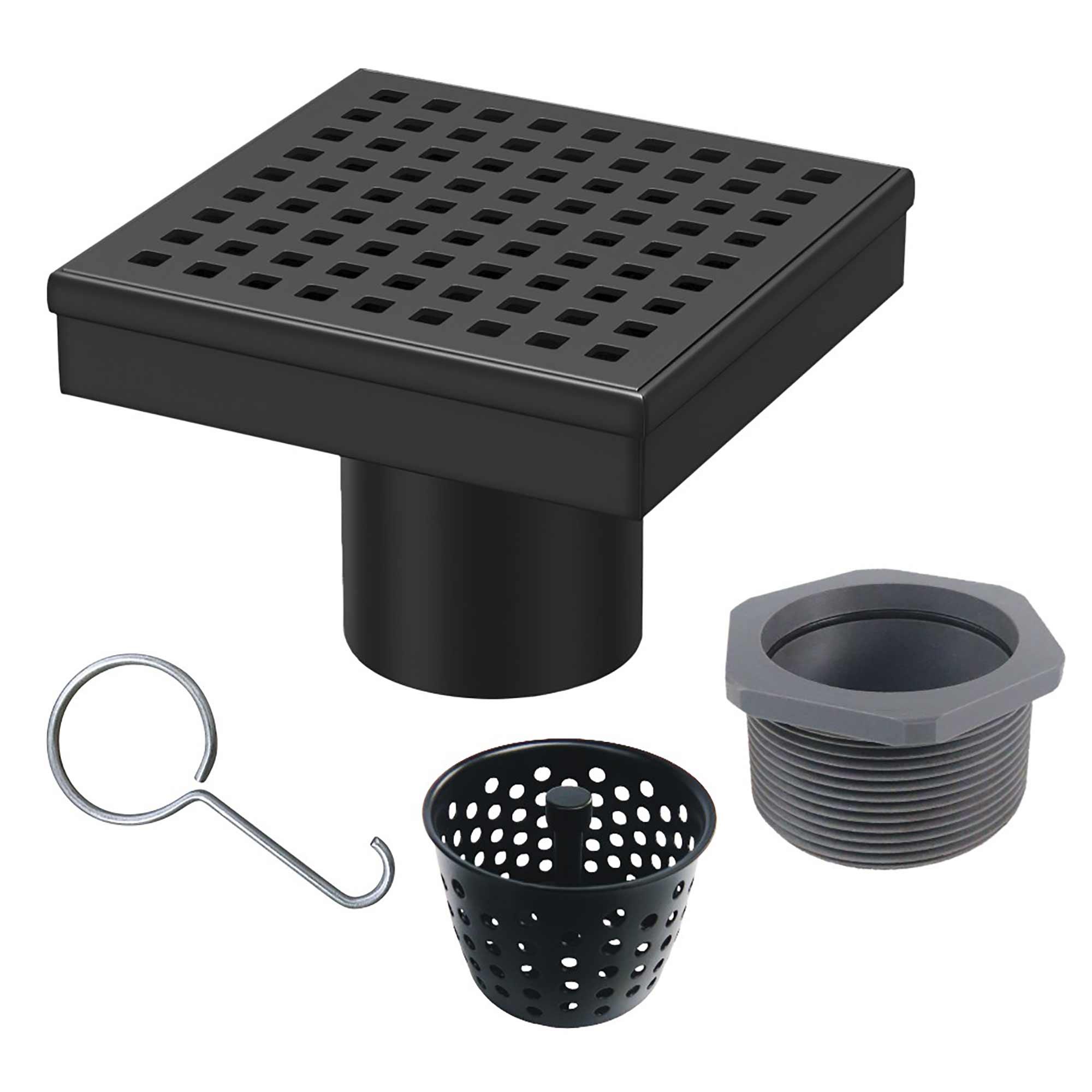 Drain de douche 4 po x 4 po, grille carrée noir mat