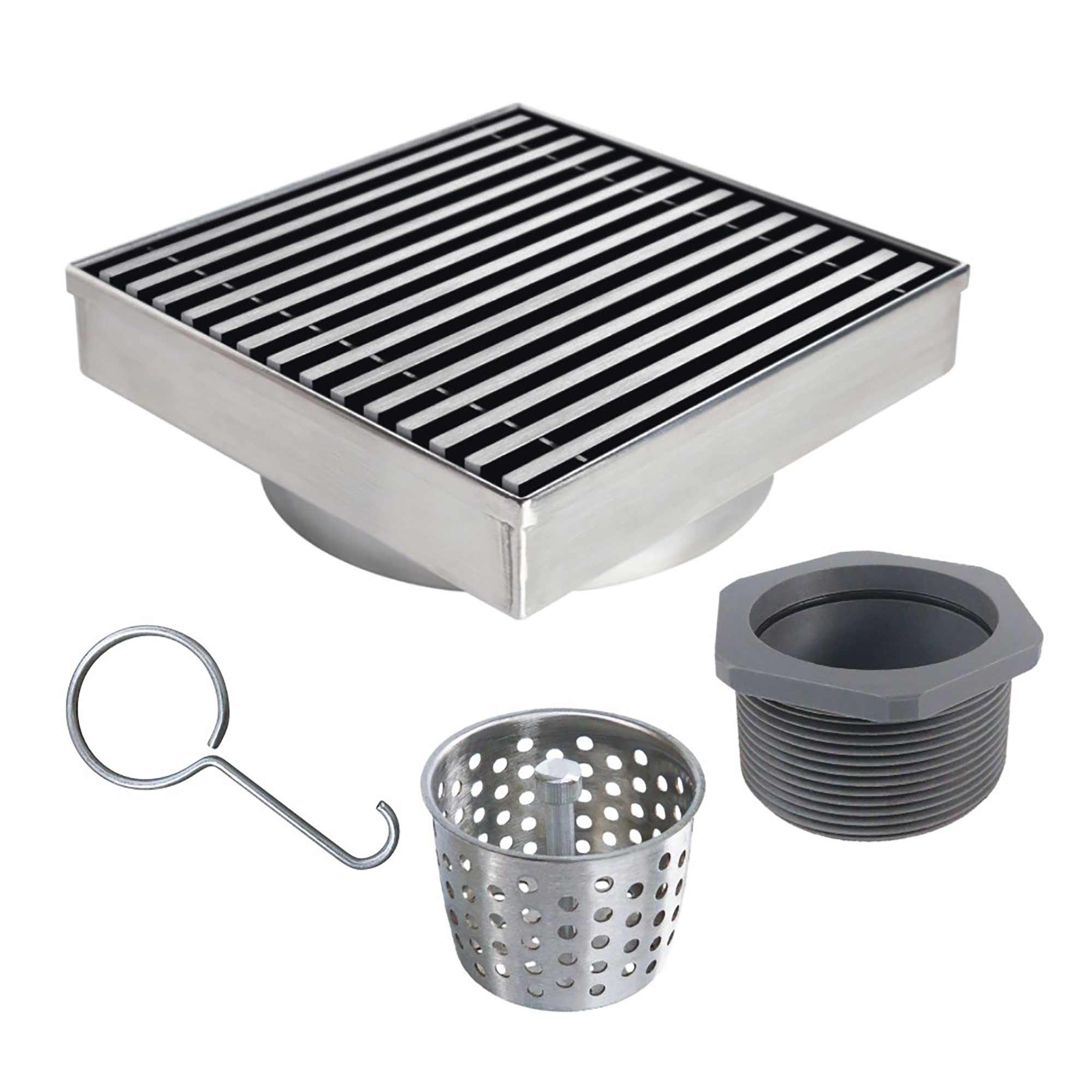Drain de douche 4 po x 4 po, grille droite acier inoxydable