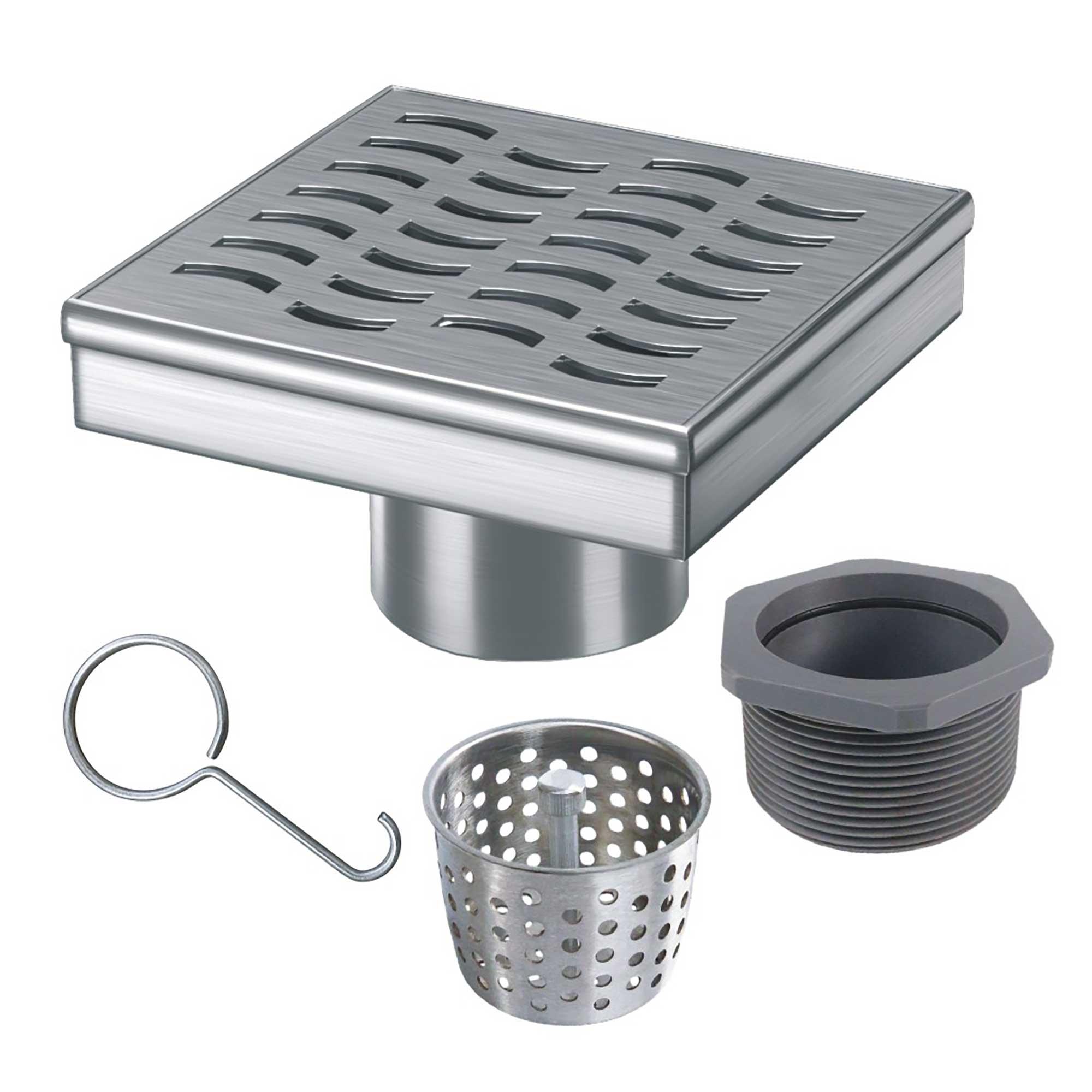 Drain de douche 4 po x 4 po, grille ondulée acier inoxydable