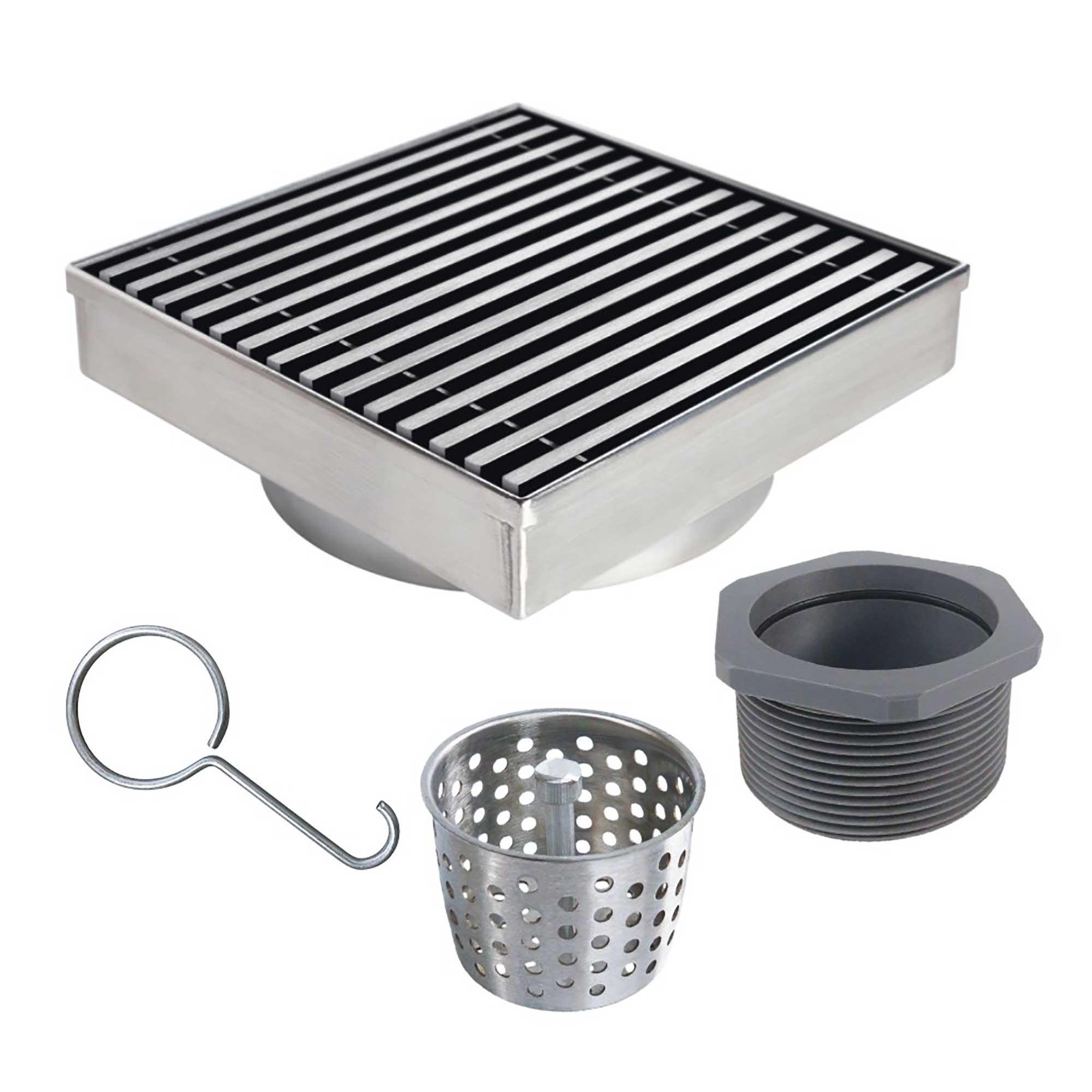 Drain de douche 6 po x 6 po, grille droite acier inoxydable
