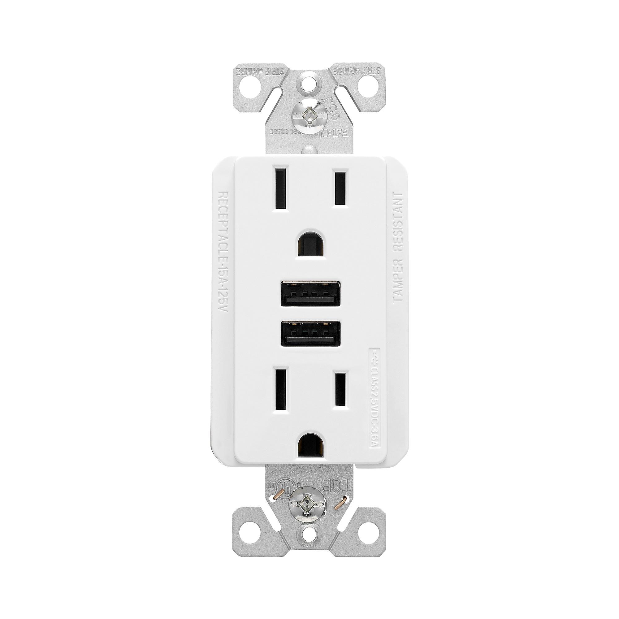 15 A White Combination USB Charger With Receptacle
