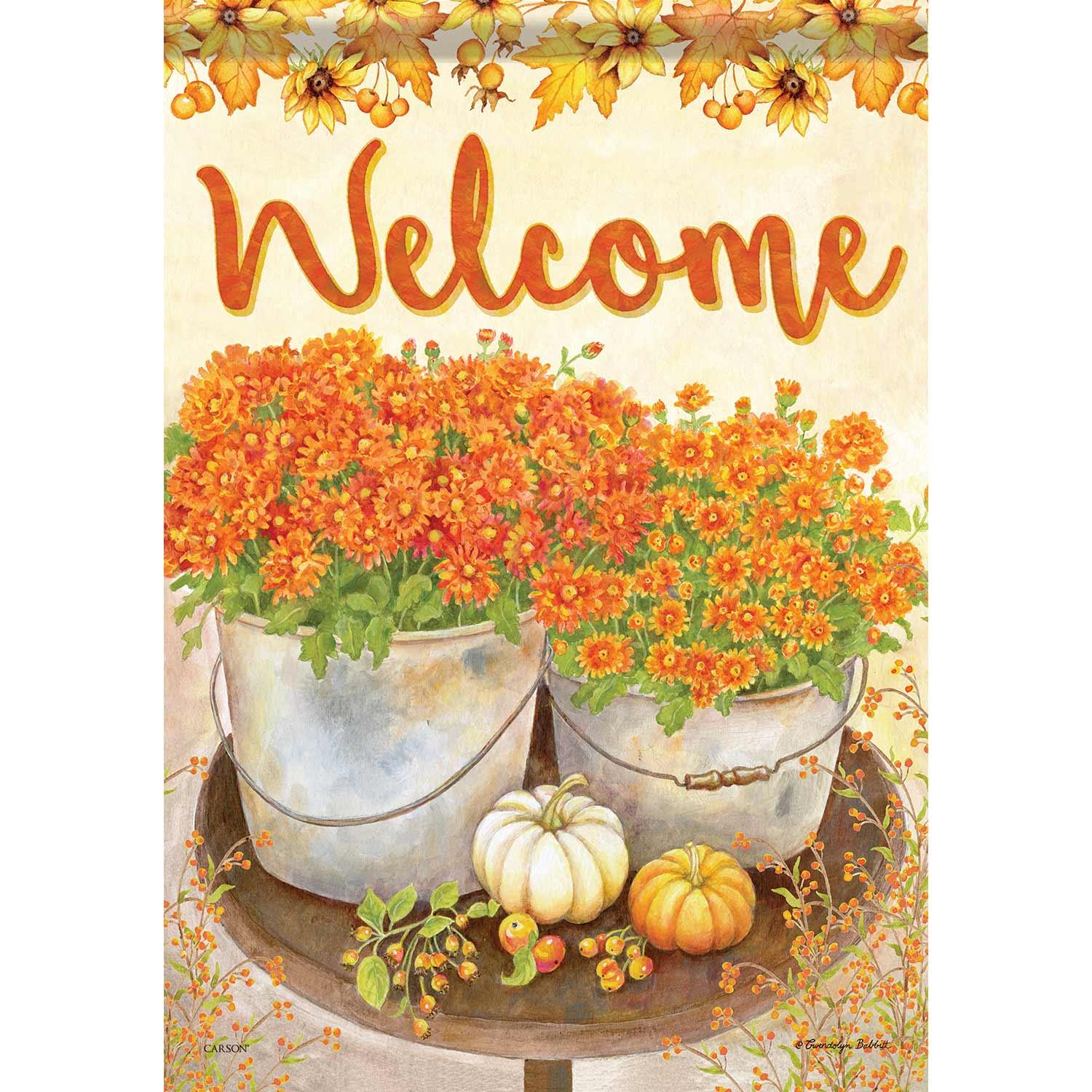 Drapeau de jardin, chrysanthèmes et citrouilles