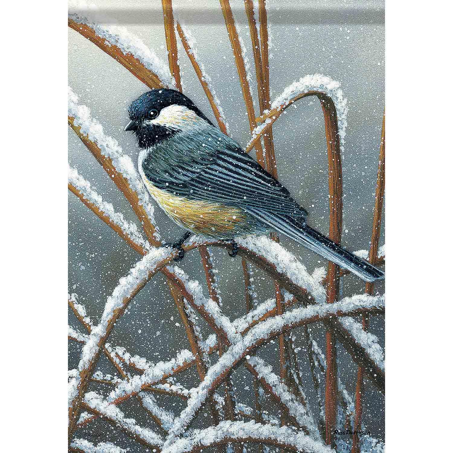 Drapeau de jardin, mésange enneigée