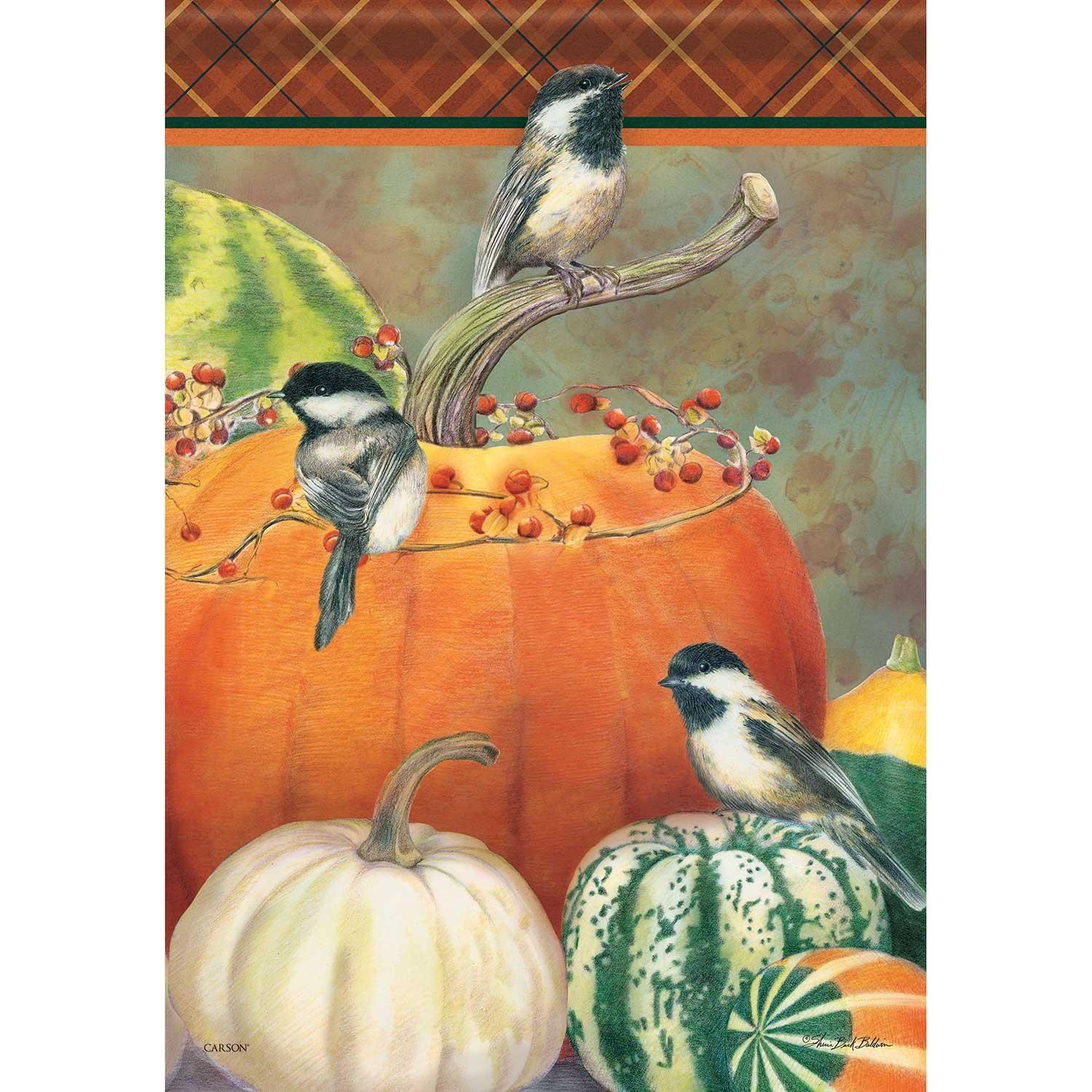 Fall Garden Flag Chickadees and Gourds