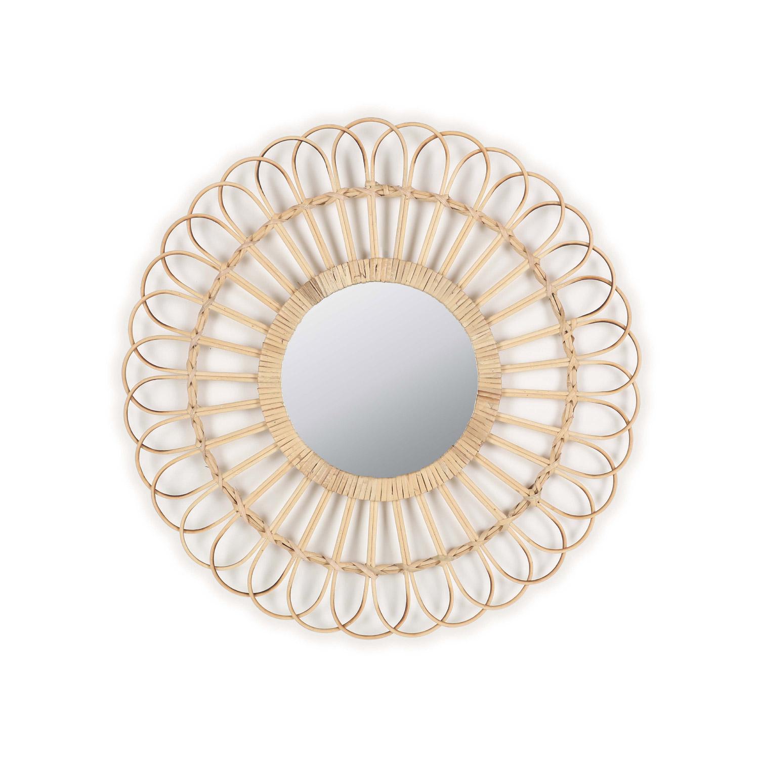 Miroir de marque mural rond 24 po, cadre en rotin, naturel