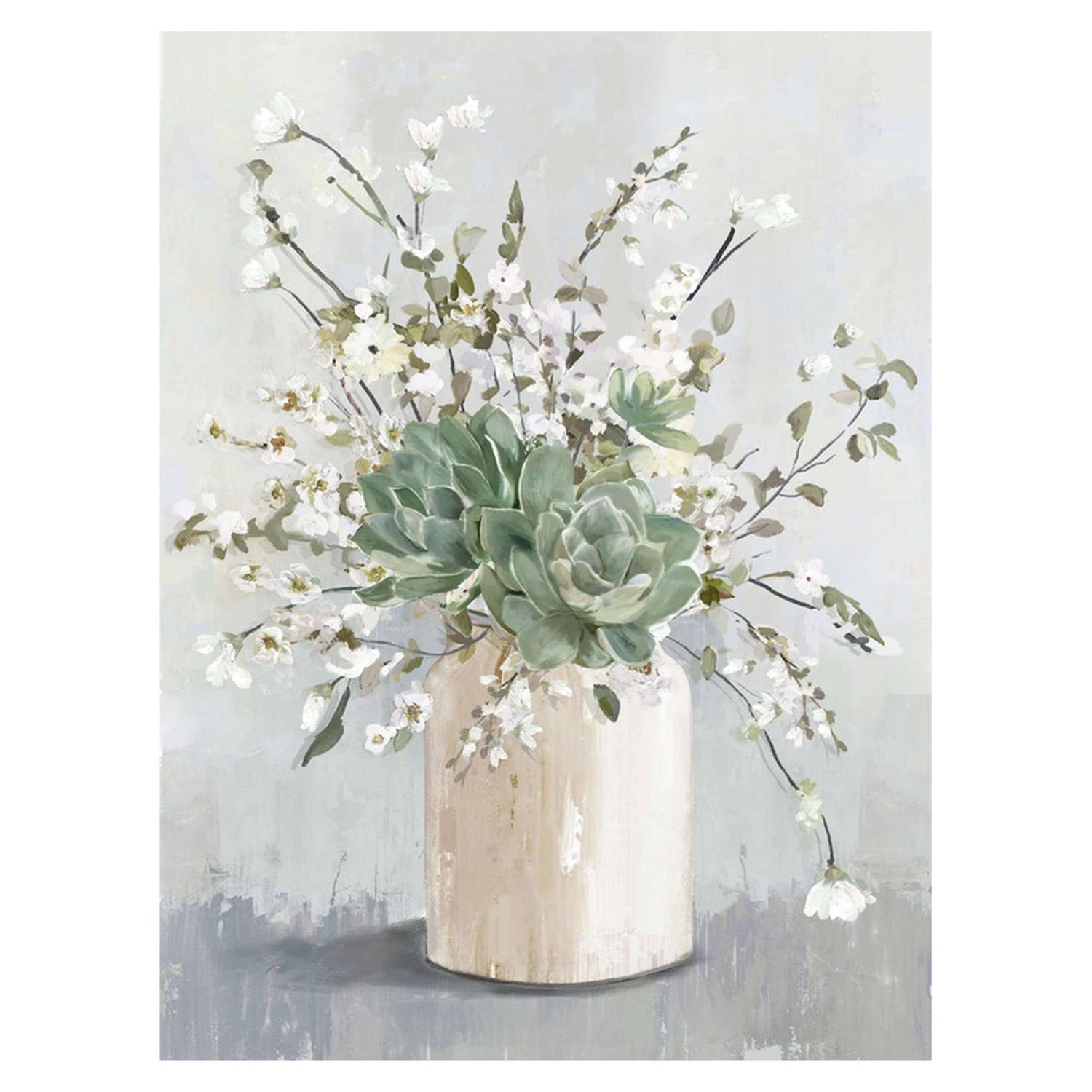 21" x 27" Vase Green And White Flowers Canvas Art
