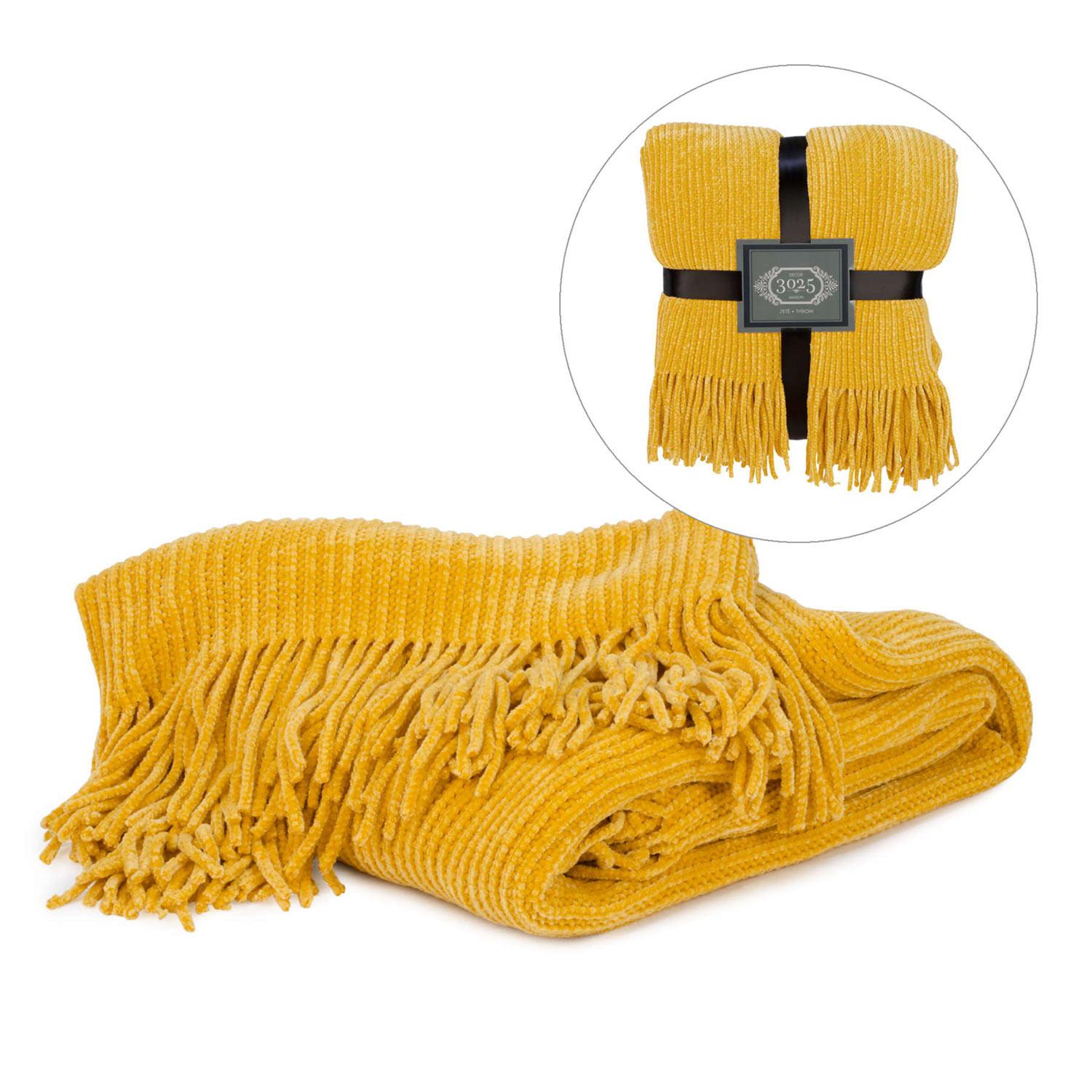 Jeté jaune moutarde doux avec franges, 52 po x 62 po