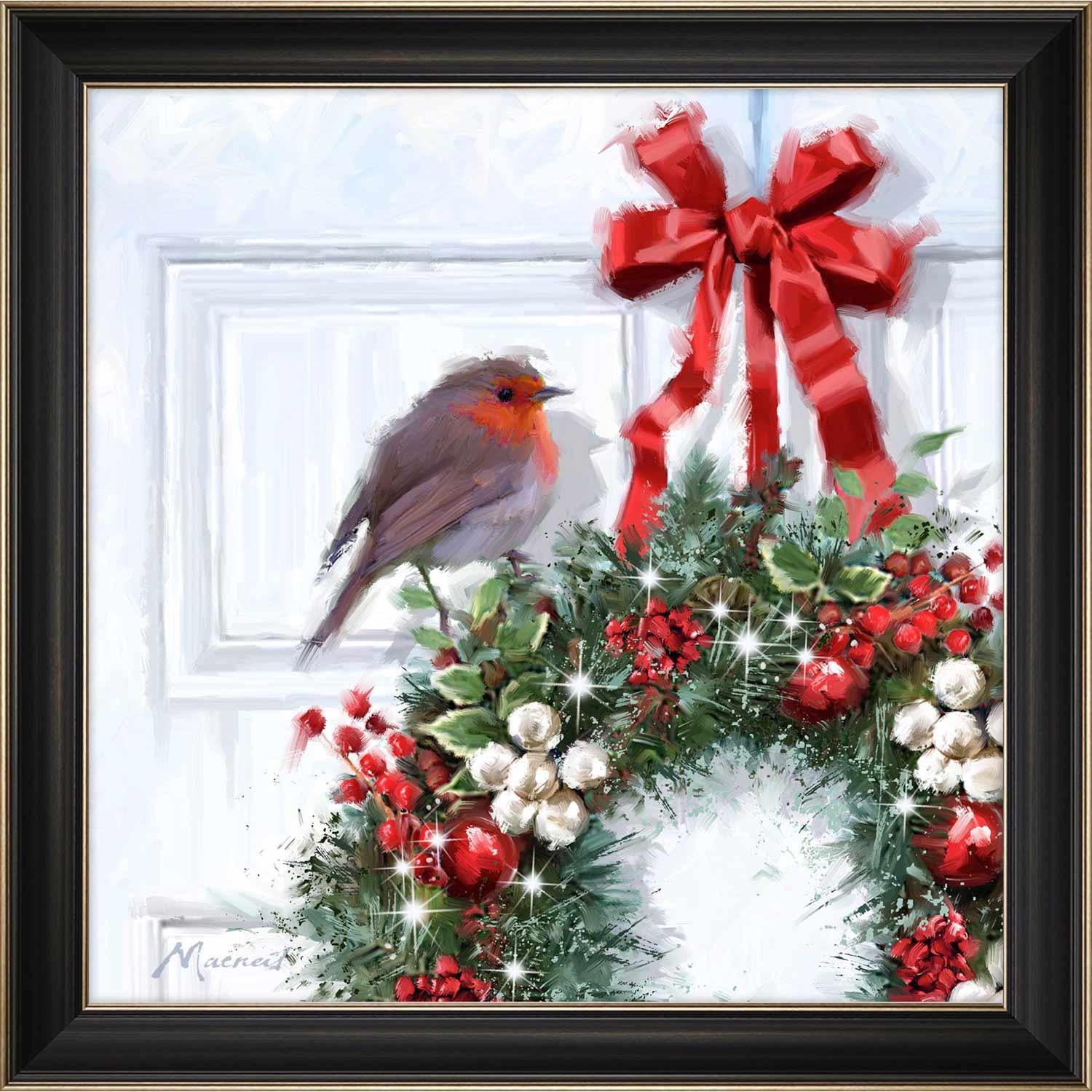 Décoration murale de Noël encadrée, oiseau perché sur une co