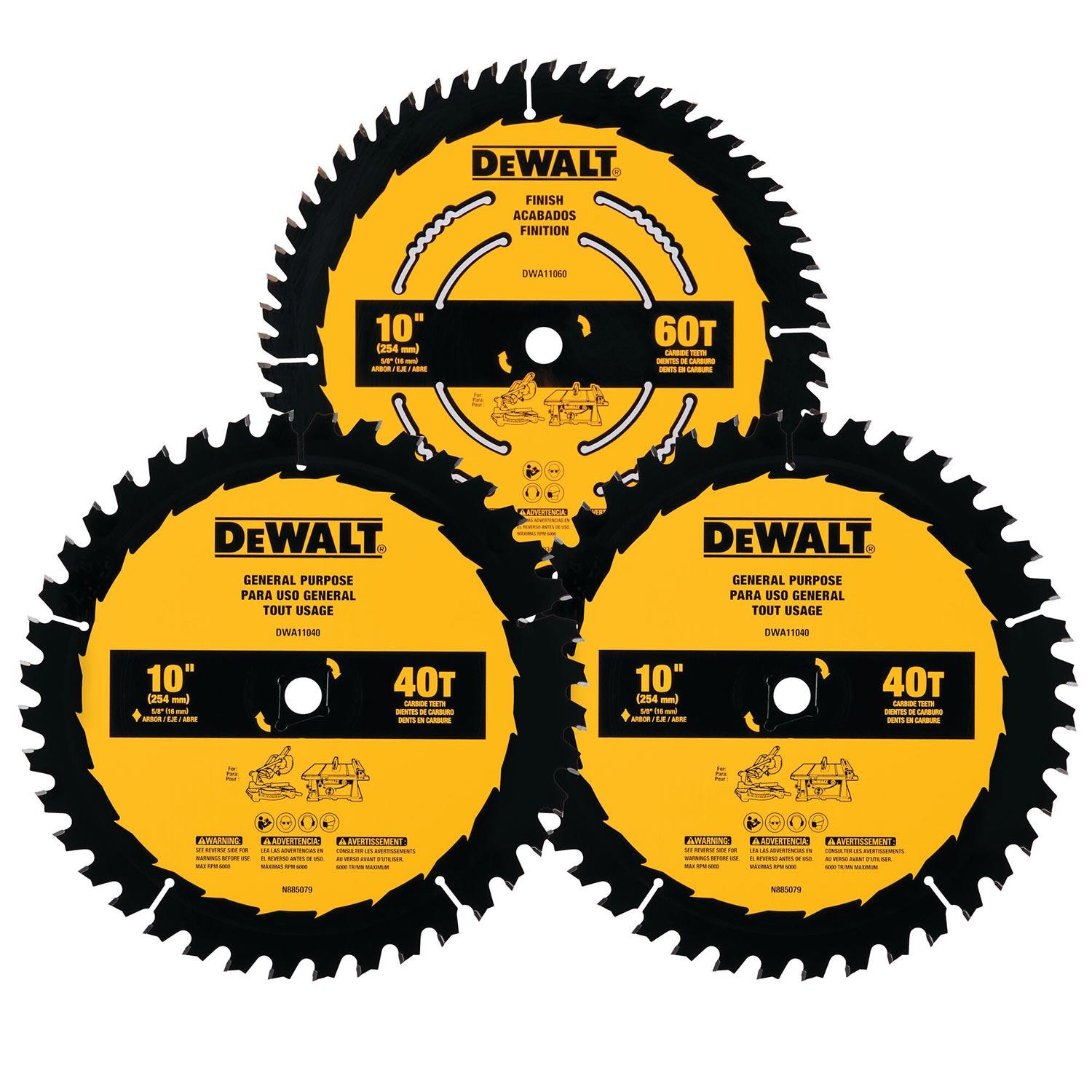Dewalt 10" 60T And 2 x 40T Saw Blades-3/Pack