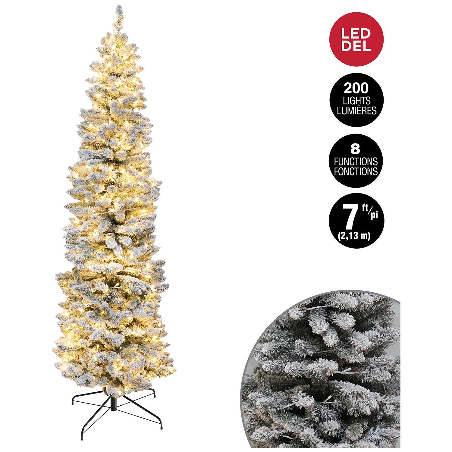 Pencil Pine Flocked Tree with 200 Warm White LEDs 7'