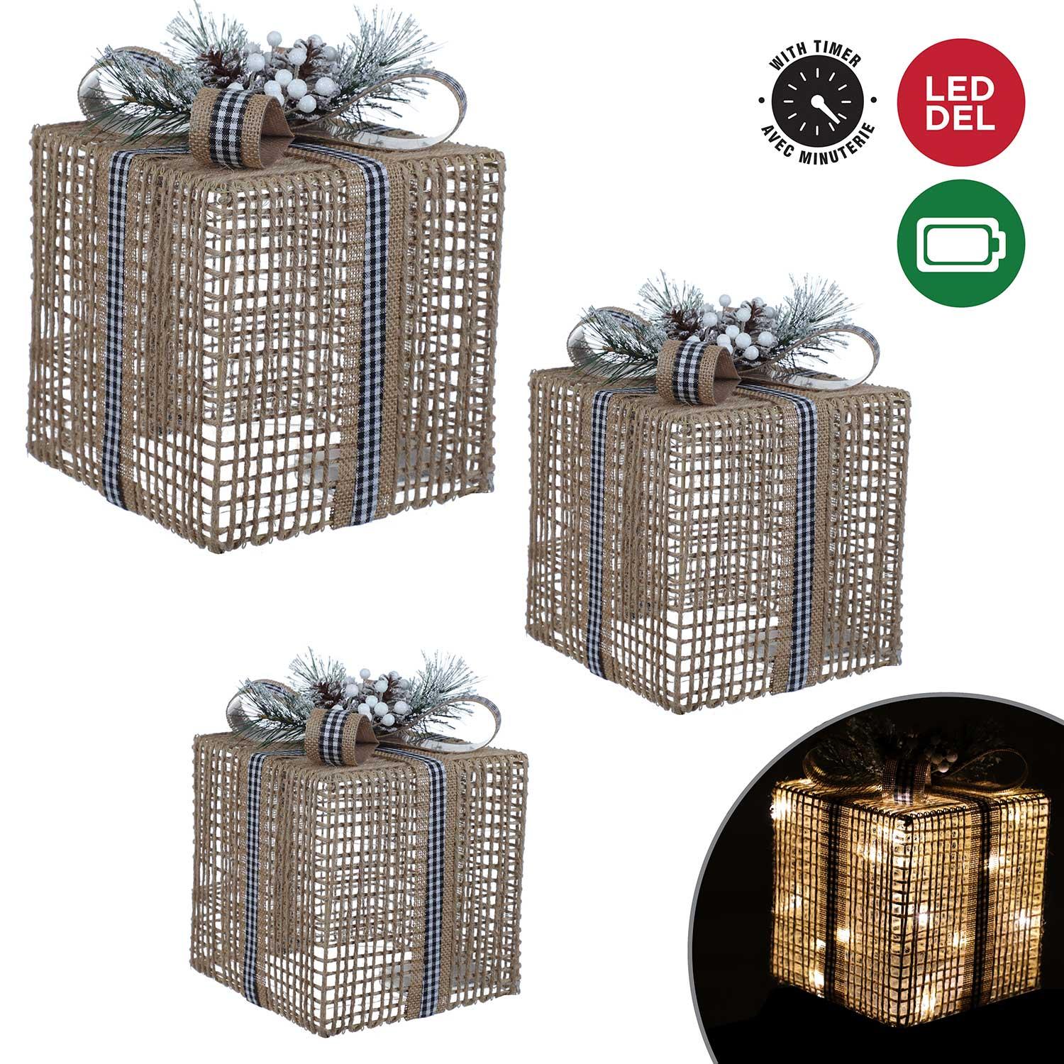 Light Up Present Set Natural with Greenery