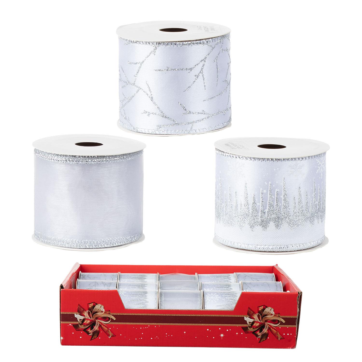 Fabric Ribbon Silver and White 6.35cm x 2.74m - Assorted