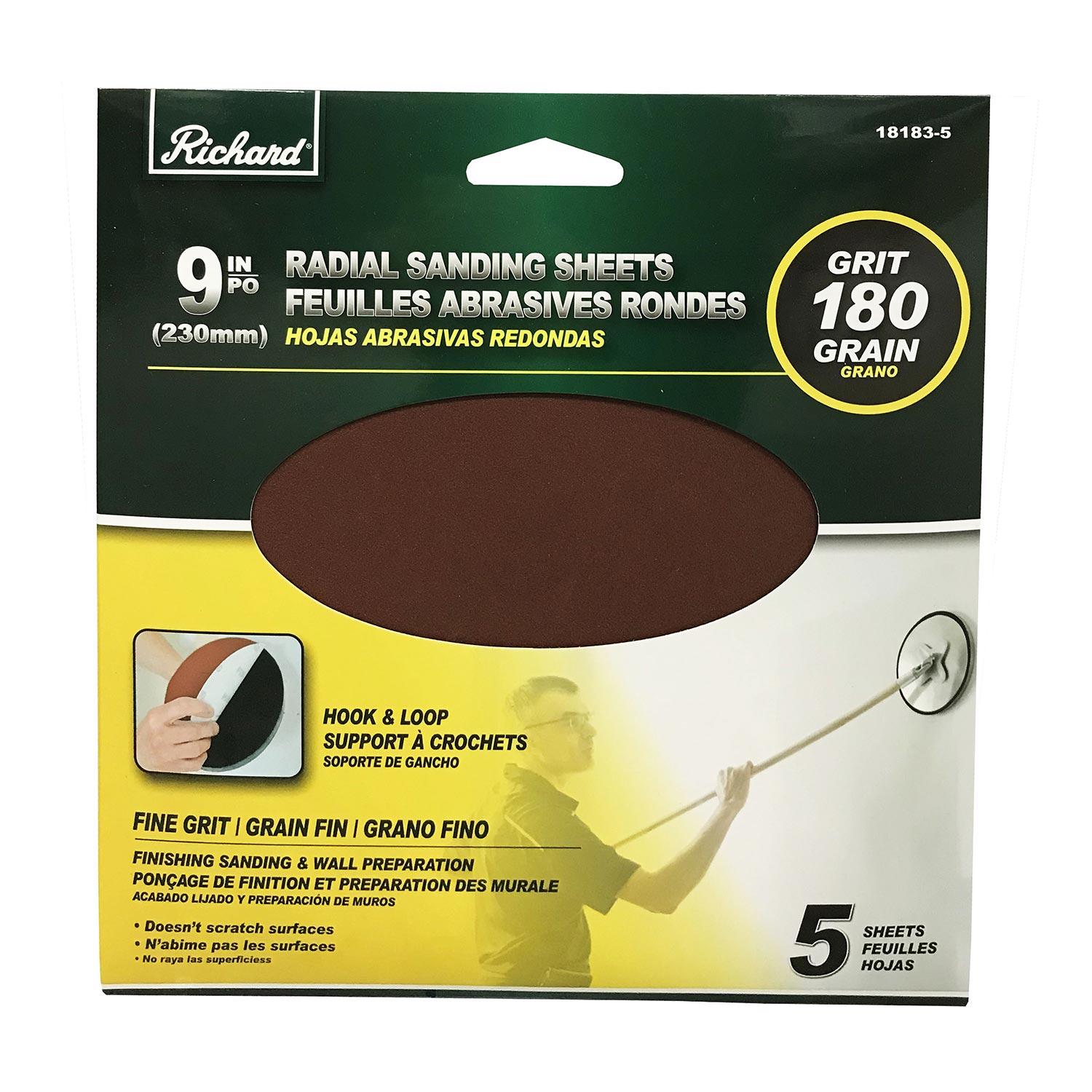 9" Round Drywall Sanding Sheet 180 Grit- 5/Pack