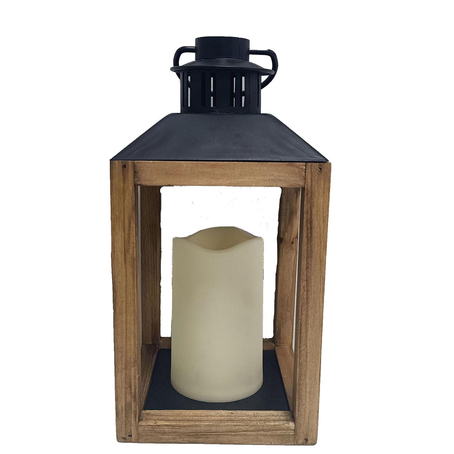 Lanterne en Bois avec Dessus Noir et Bougie LED