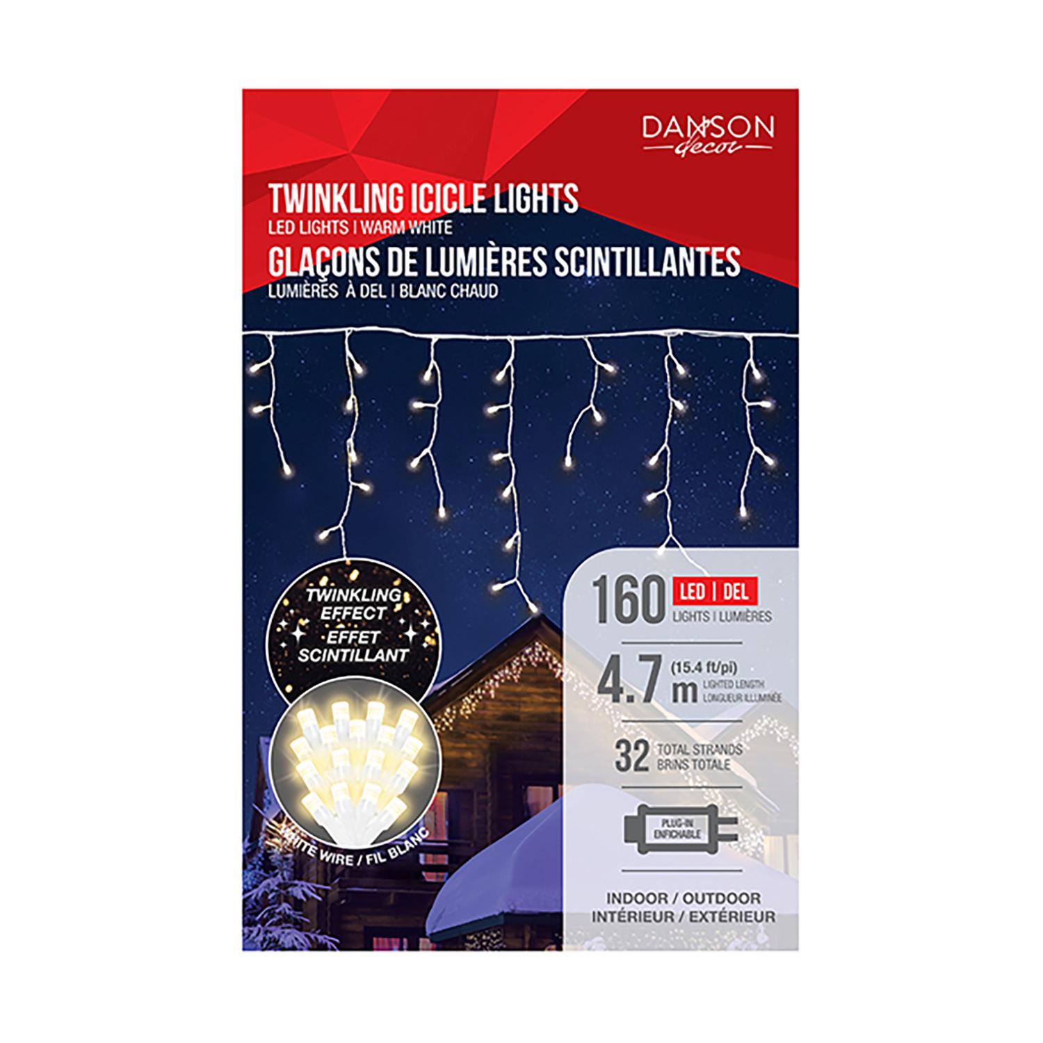 5MM LED Icicle Set with 160 Warm White Twinkle Lights