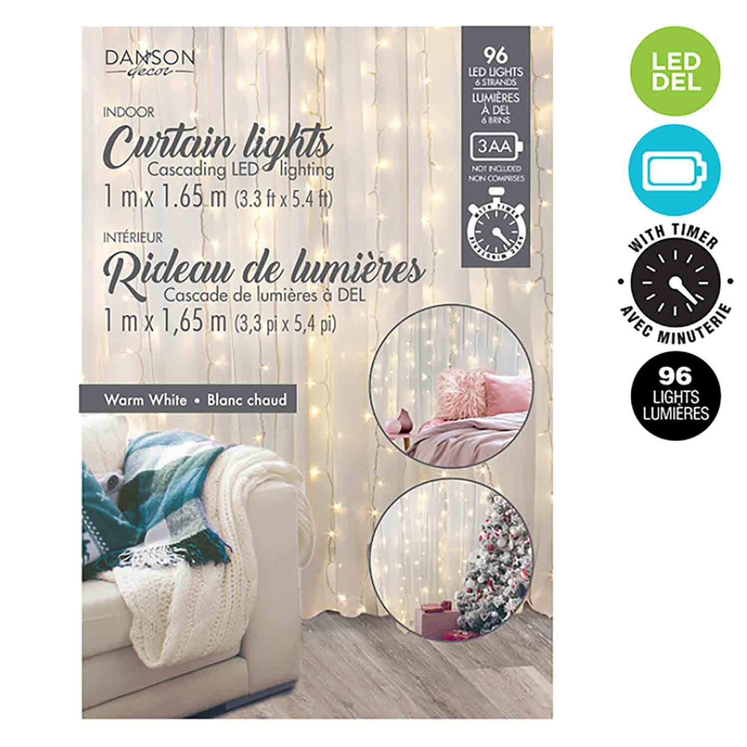 96 Lumen 5mm 1m x 1.65m LED Curtain Light/Timer Warm White
