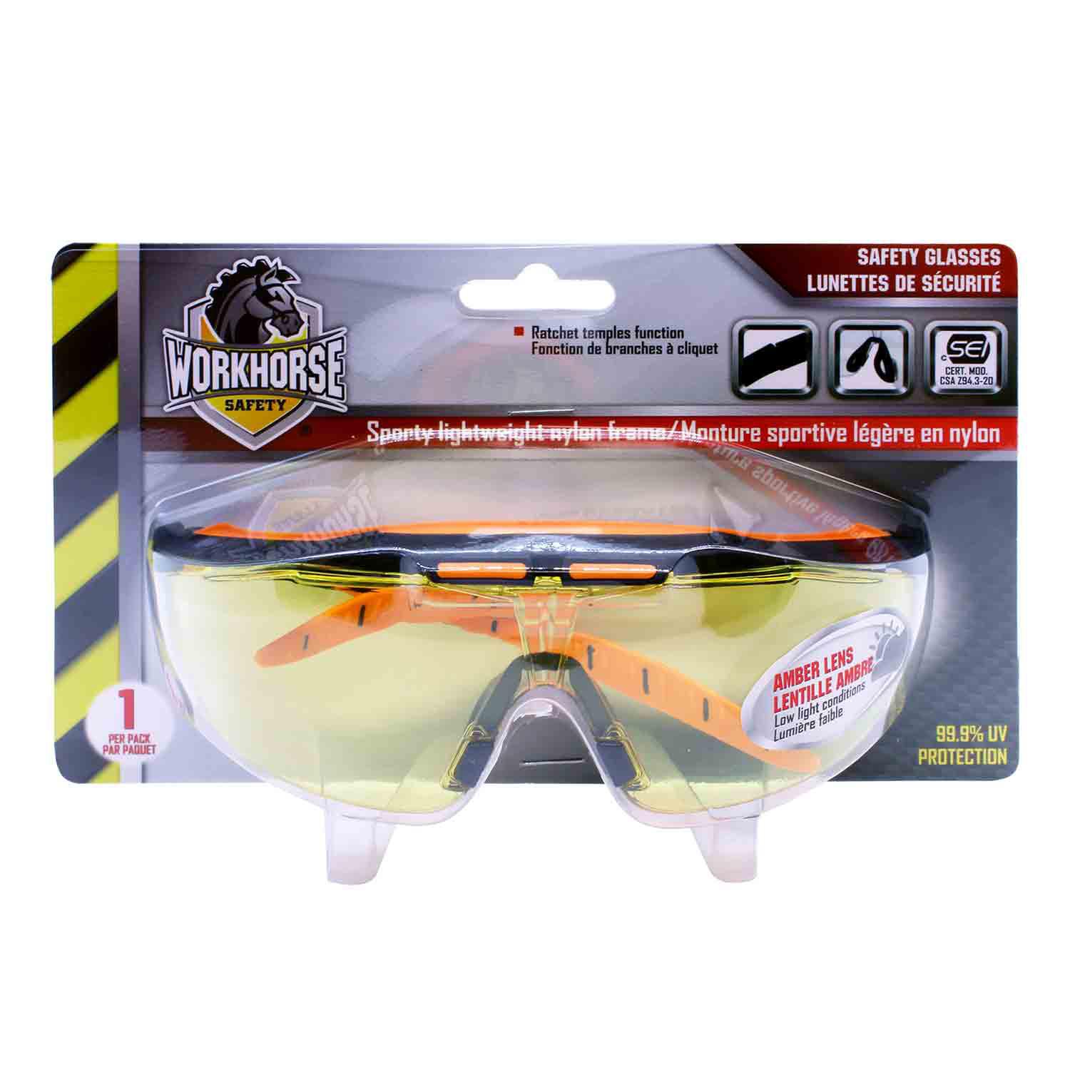 Amber Safety Glasses Built-In Brow Guard
