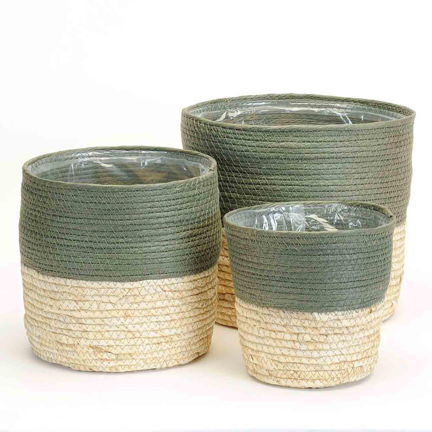 Ensemble de 3 Pots Tressés Vert et Naturel